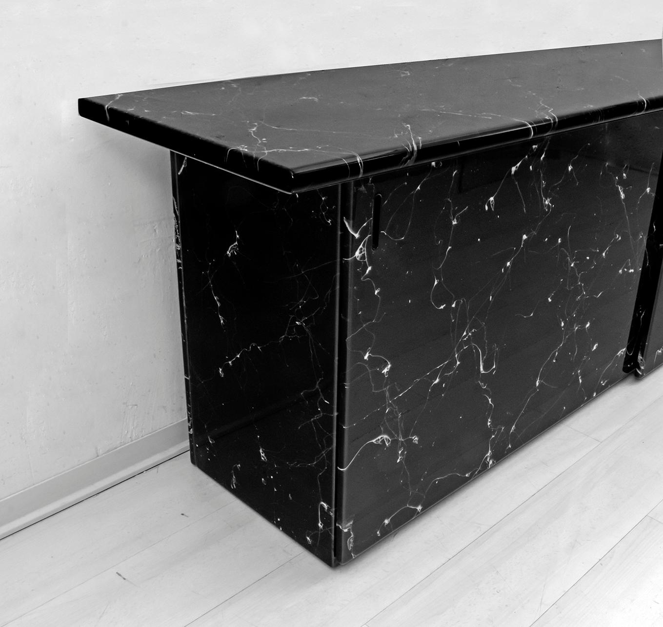 Wood Marquina Black Marble lacquer Italian Post Modern Sideboard, 1980s For Sale