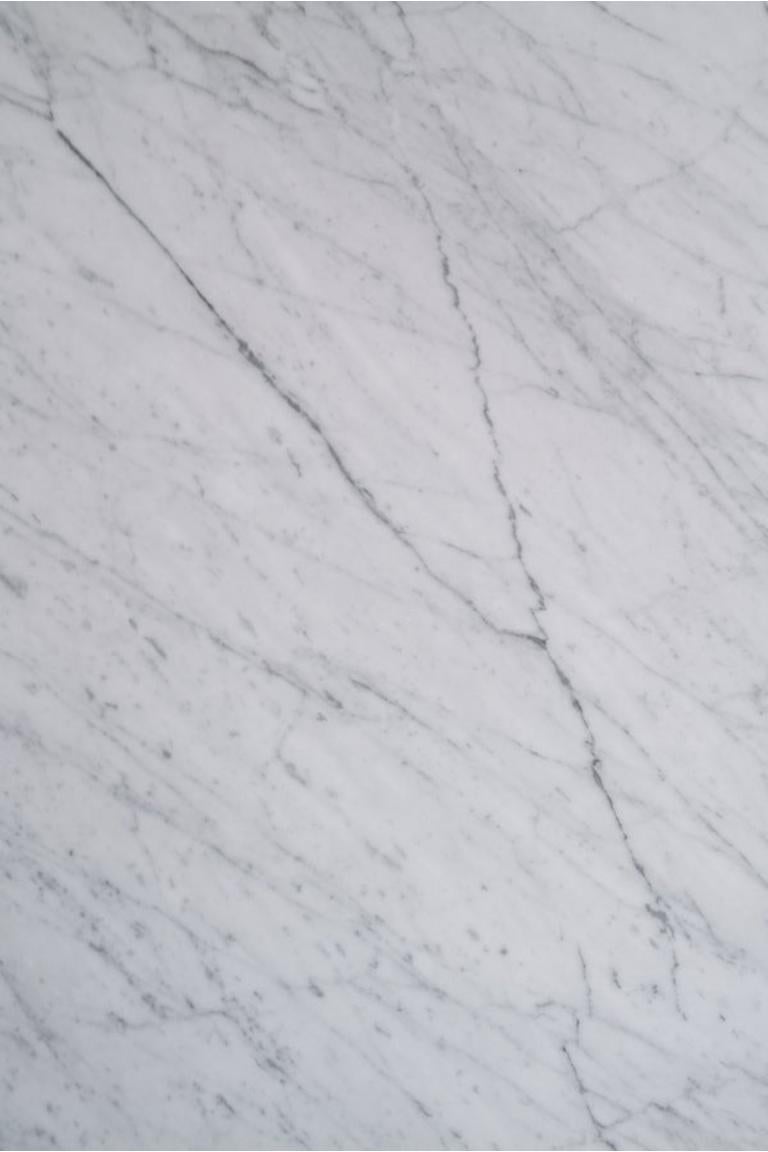 La table basse Marquina est une table basse en marbre qui canalise une sophistication monochromatique. Le plateau en marbre de Carrare adouci, de couleur blanche avec des veines grises et une finition adoucie, présente un bord empilé qui crée un