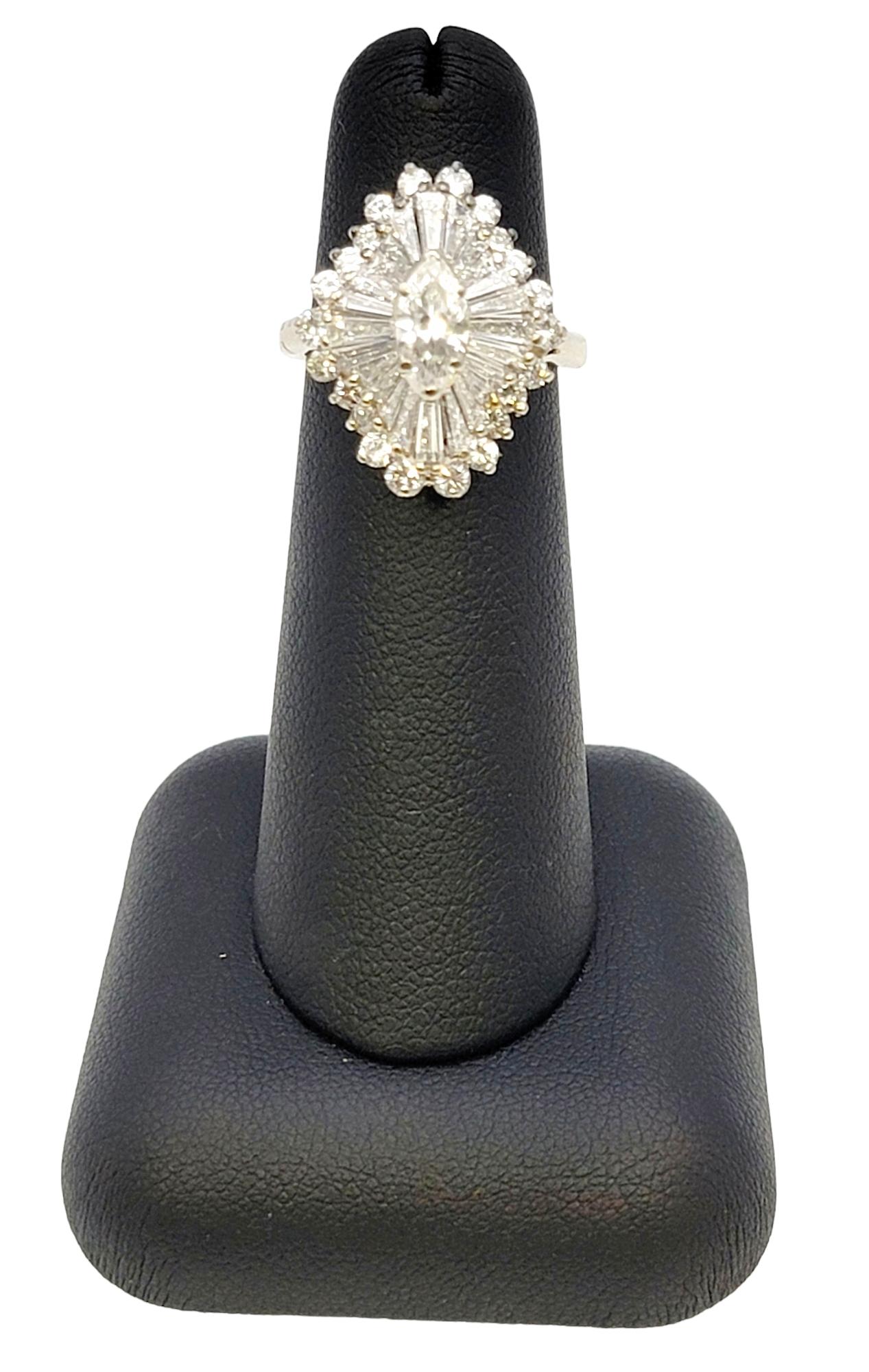 Marquise and Baguette Diamond Halo Ballerina Ring in 14 Karat White Gold For Sale 1