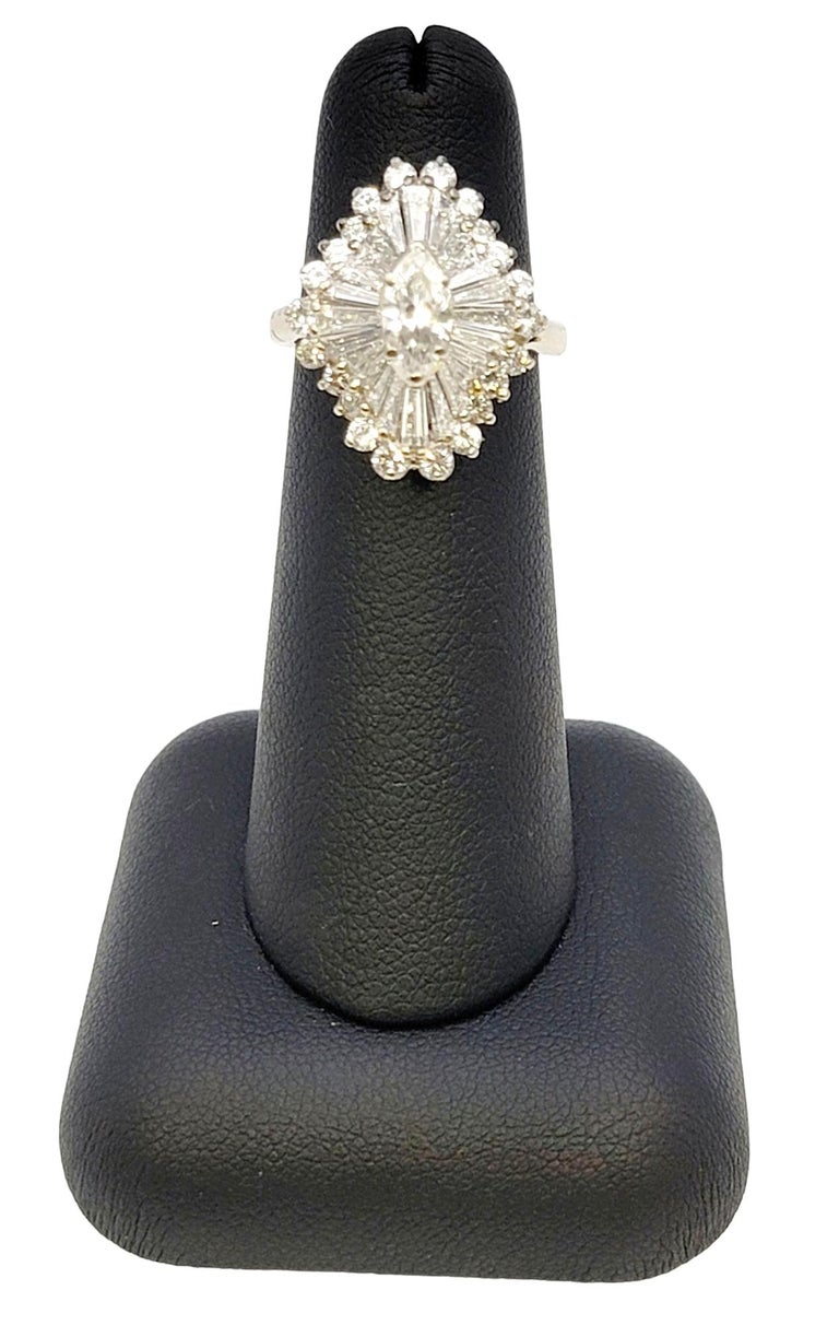 Marquise and Baguette Diamond Halo Ballerina Ring in 14 Karat White Gold  For Sale 4