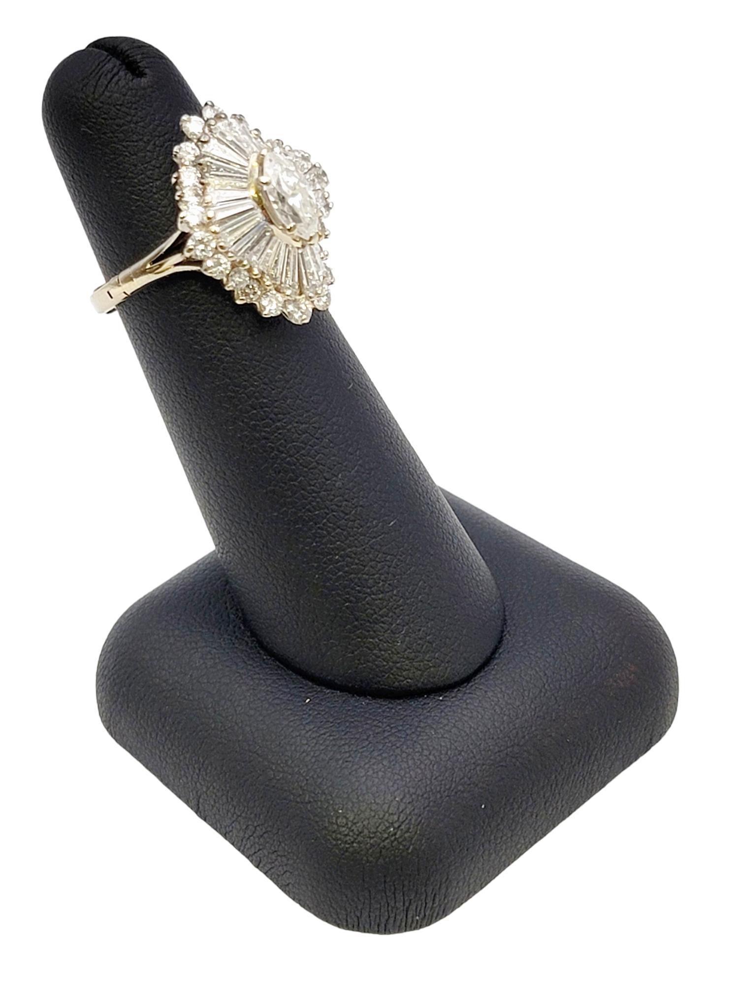 Marquise and Baguette Diamond Halo Ballerina Ring in 14 Karat White Gold For Sale 2