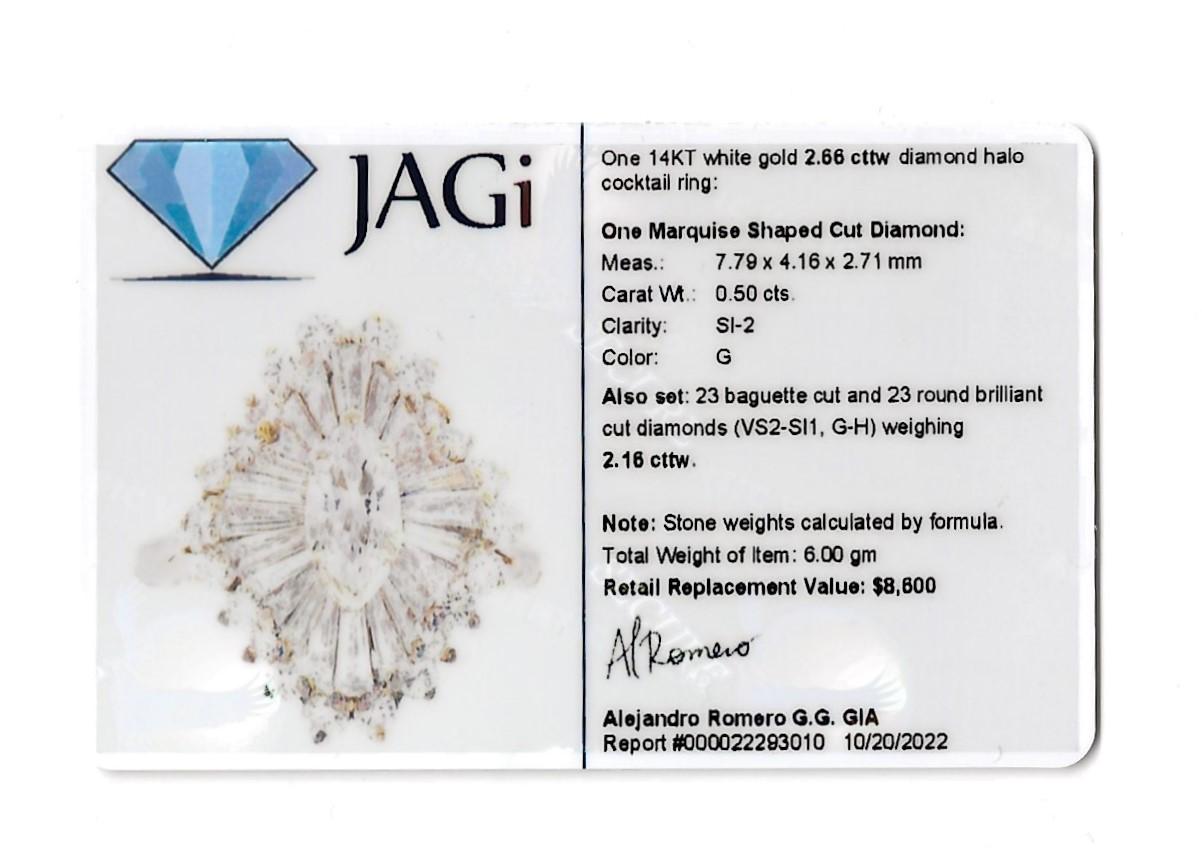 Marquise and Baguette Diamond Halo Ballerina Ring in 14 Karat White Gold For Sale 7