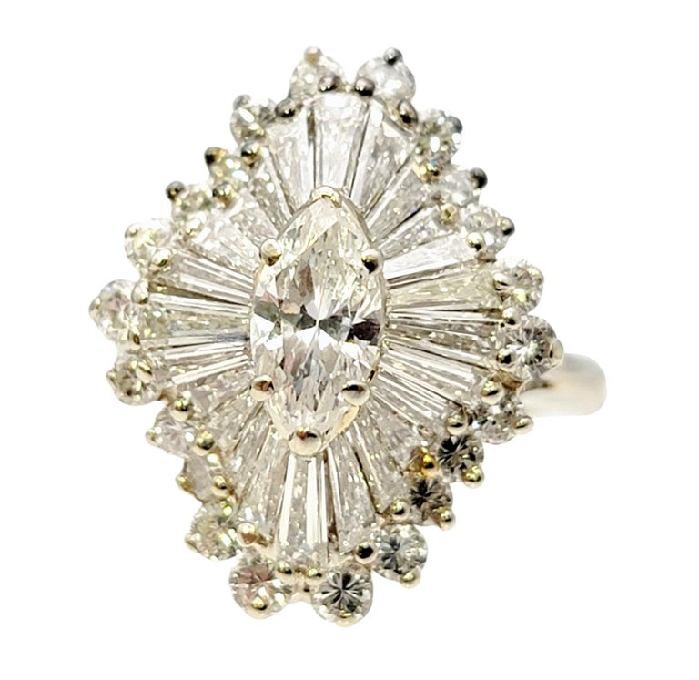 Marquise Cut Marquise and Baguette Diamond Halo Ballerina Ring in 14 Karat White Gold  For Sale