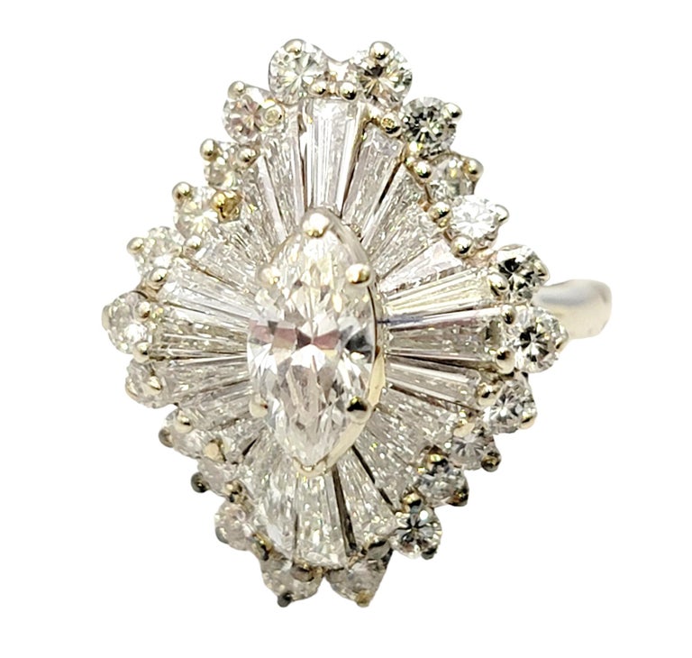 Marquise and Baguette Diamond Halo Ballerina Ring in 14 Karat White Gold  In Good Condition For Sale In Scottsdale, AZ