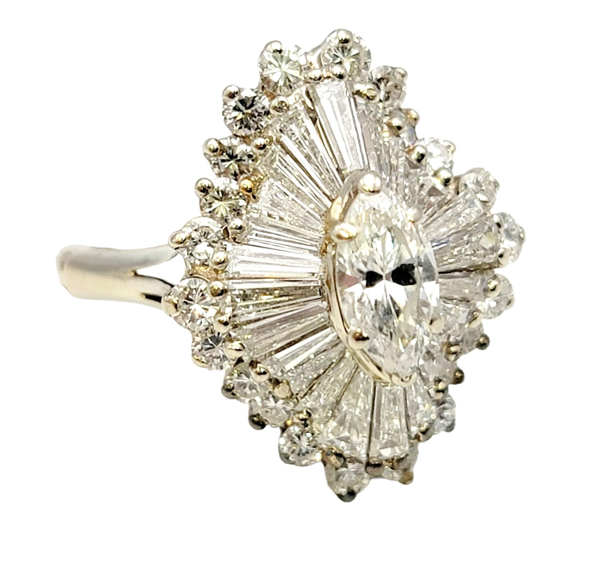 Contemporary Marquise and Baguette Diamond Halo Ballerina Ring in 14 Karat White Gold  For Sale