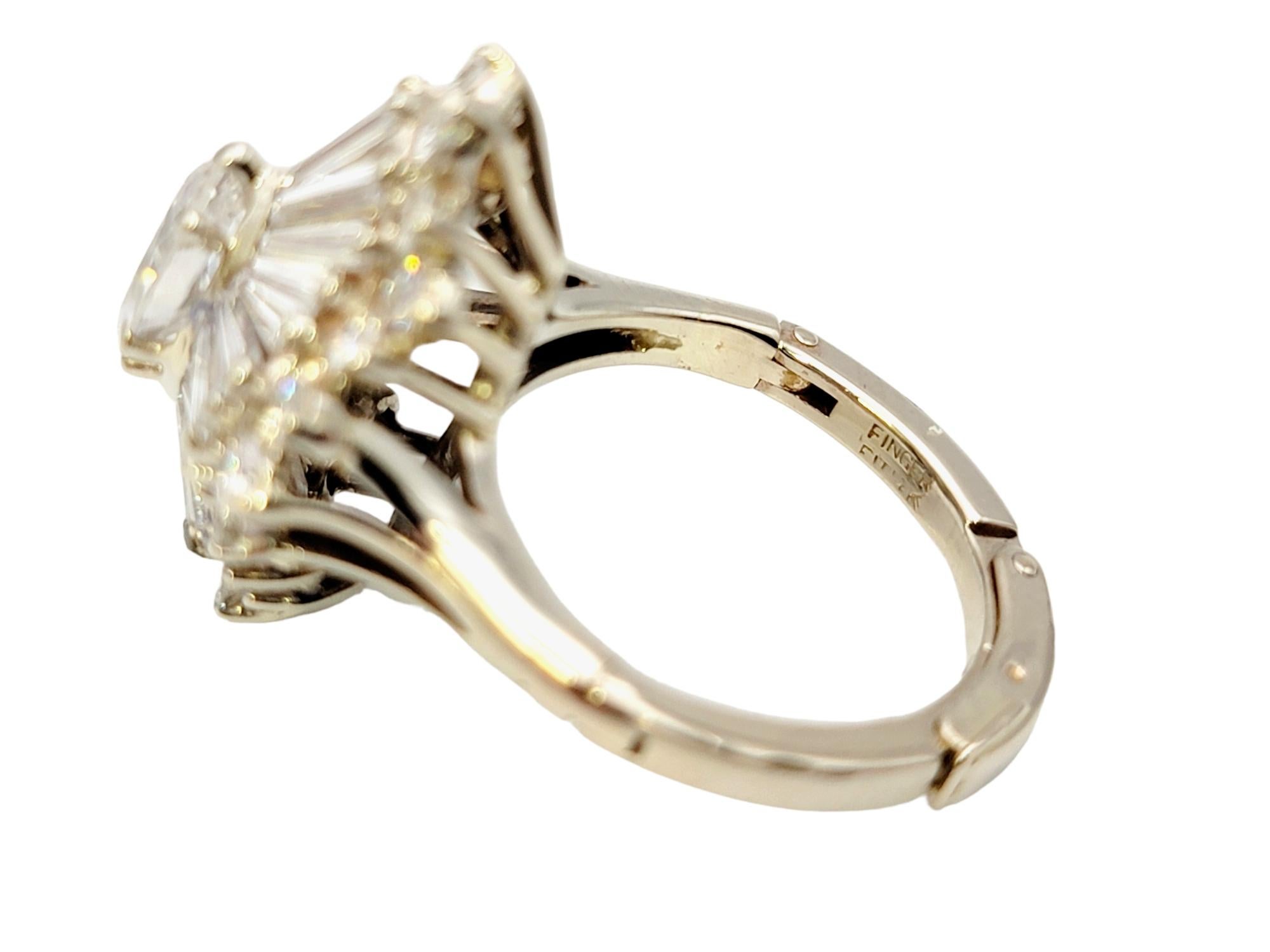 Marquise Cut Marquise and Baguette Diamond Halo Ballerina Ring in 14 Karat White Gold For Sale