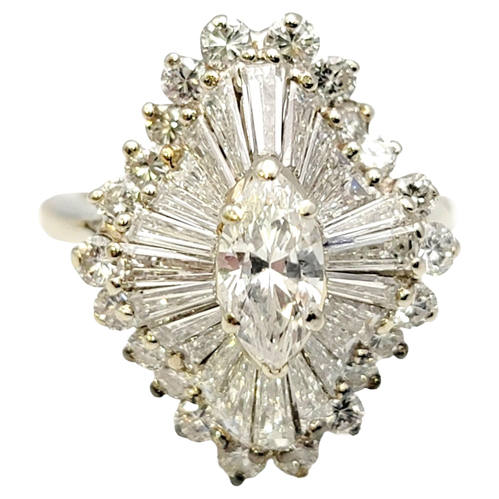 Marquise and Baguette Diamond Halo Ballerina Ring in 14 Karat White Gold 
