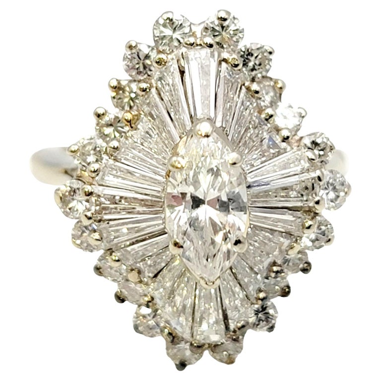 Marquise and Baguette Diamond Halo Ballerina Ring in 14 Karat White Gold  For Sale