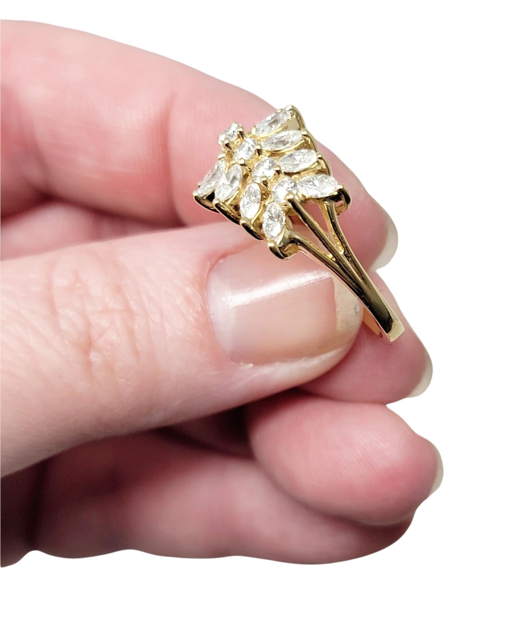 Marquis and Round Brilliant Three Row Diamond Ring in 18 Karat Yellow Gold For Sale 5