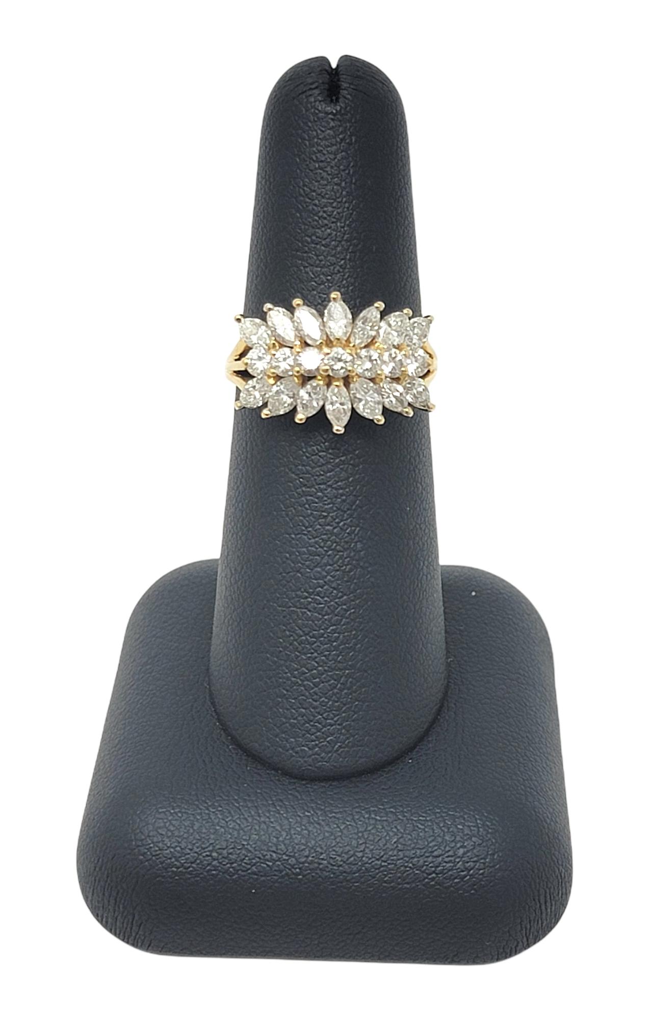 Marquis and Round Brilliant Three Row Diamond Ring in 18 Karat Yellow Gold For Sale 8