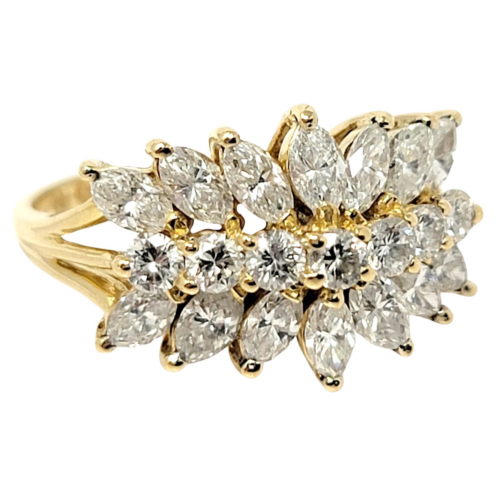 Ring size: 6.5

Glittering multi-row diamond band ring filled with icy white marquis and round shaped diamonds. The elegant tightly clustered design makes the natural stones shimmer beautifully in the light and fill the finger with massive sparkle. 