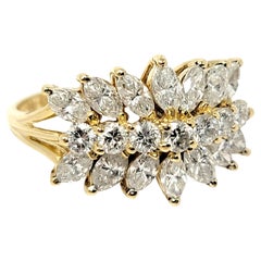 Marquis and Round Brilliant Three Row Diamond Ring in 18 Karat Yellow Gold