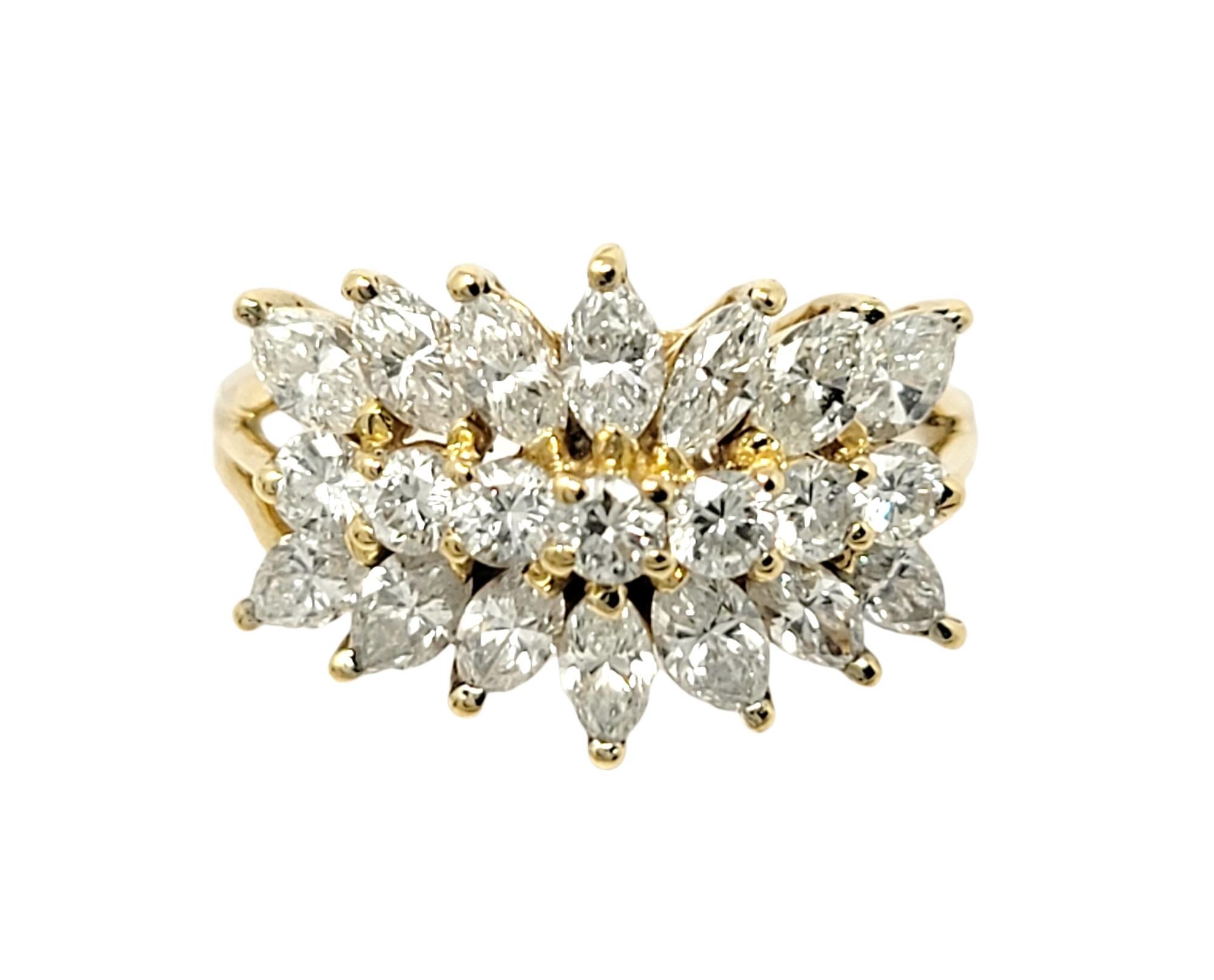 Contemporary Marquis and Round Brilliant Three Row Diamond Ring in 18 Karat Yellow Gold For Sale