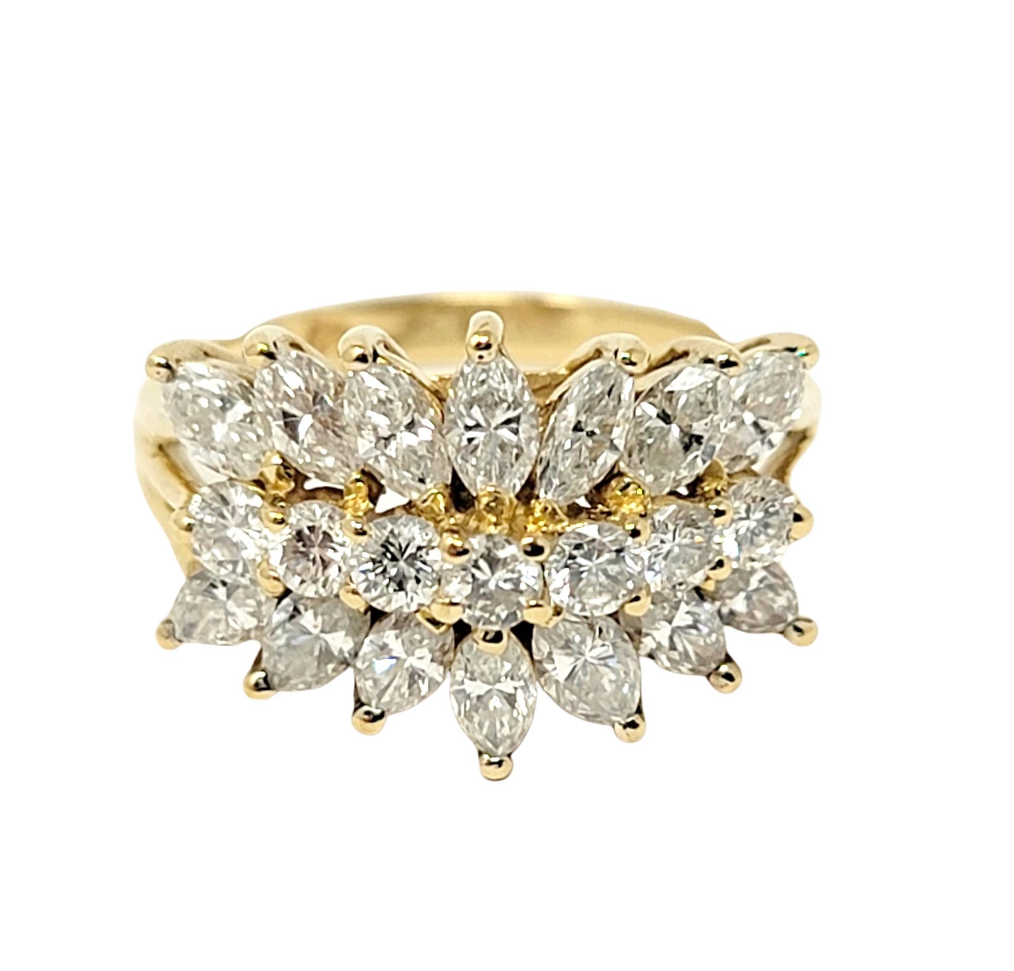 Marquise Cut Marquis and Round Brilliant Three Row Diamond Ring in 18 Karat Yellow Gold For Sale