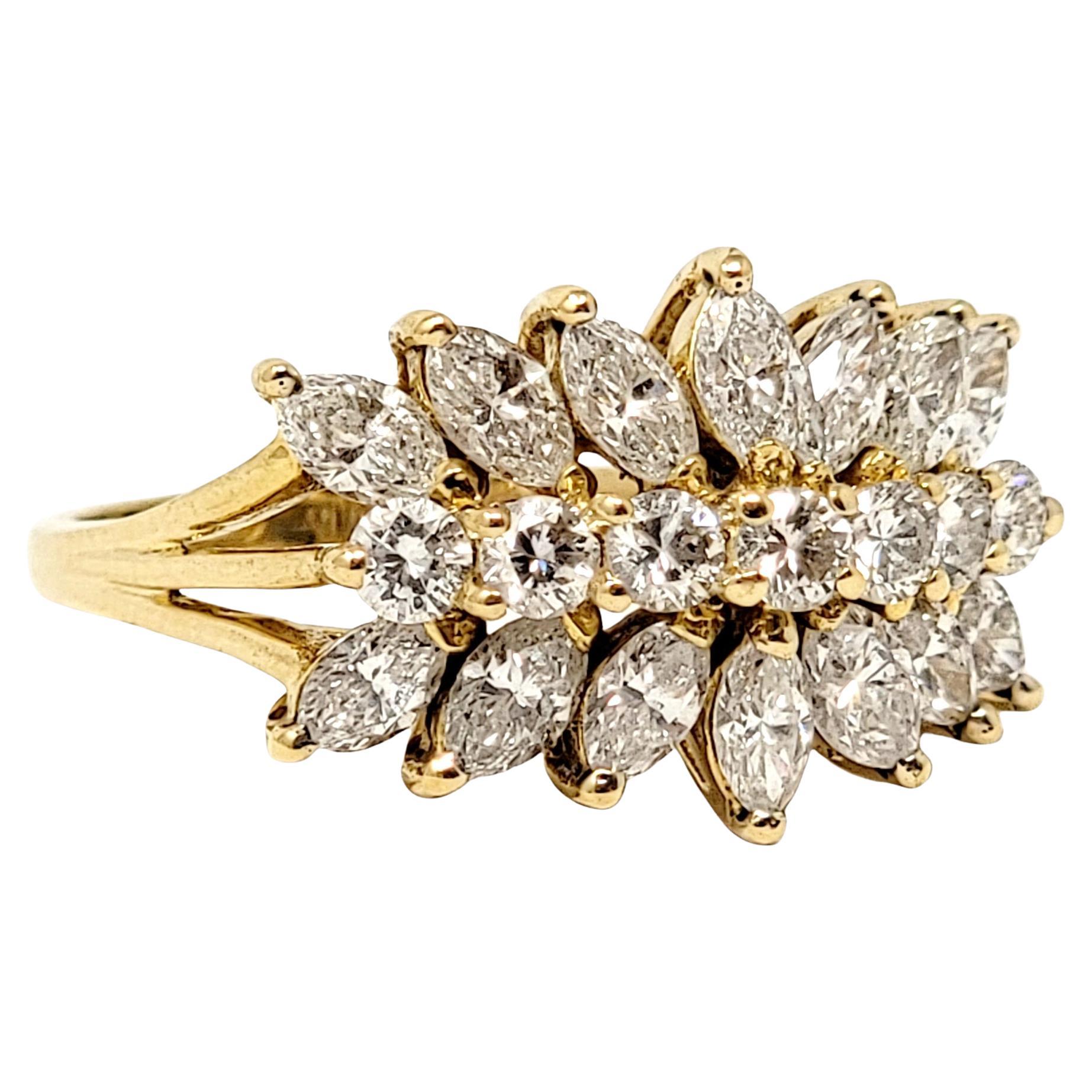 Marquis and Round Brilliant Three Row Diamond Ring in 18 Karat Yellow Gold In Good Condition For Sale In Scottsdale, AZ
