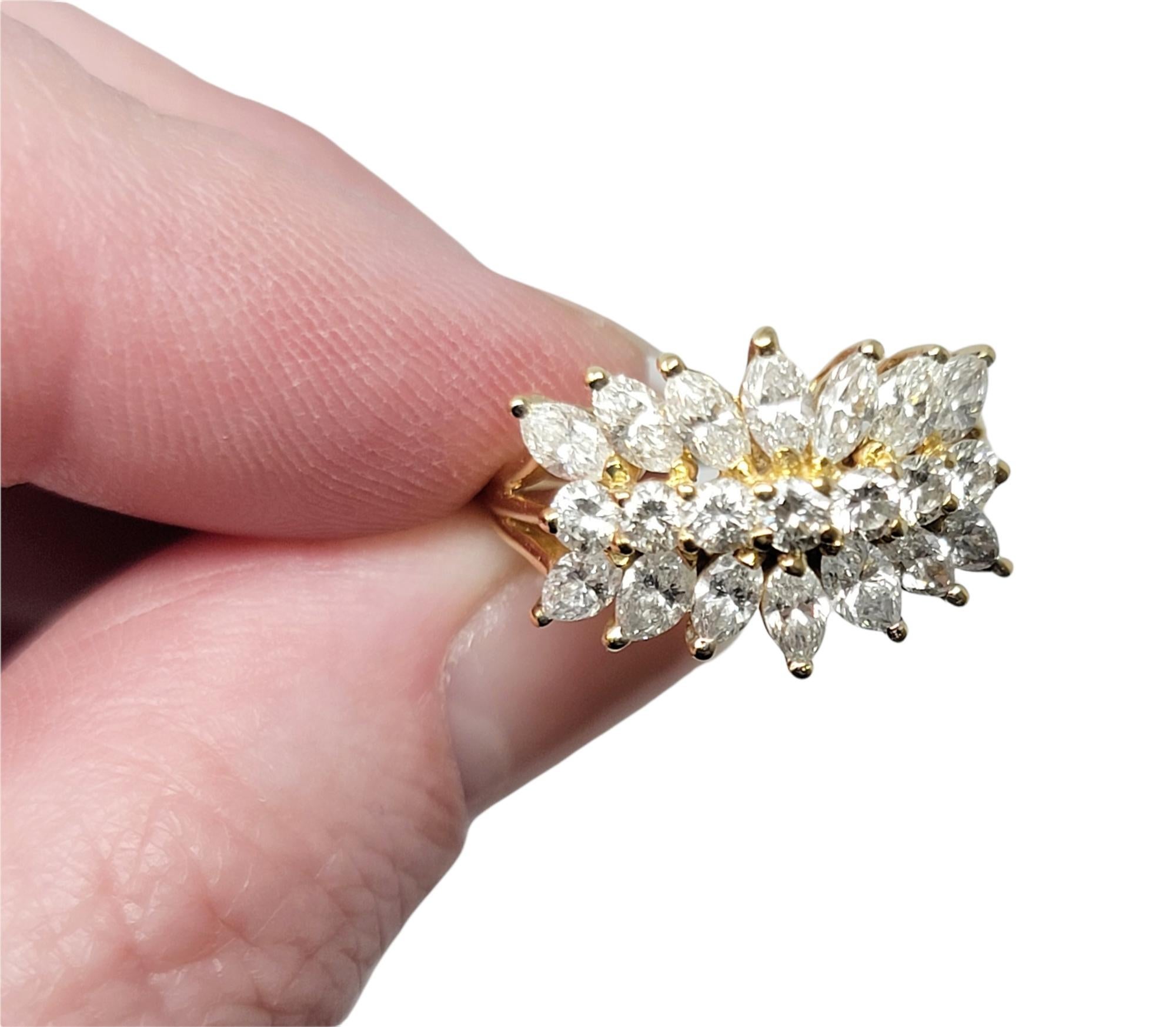Marquis and Round Brilliant Three Row Diamond Ring in 18 Karat Yellow Gold For Sale 3