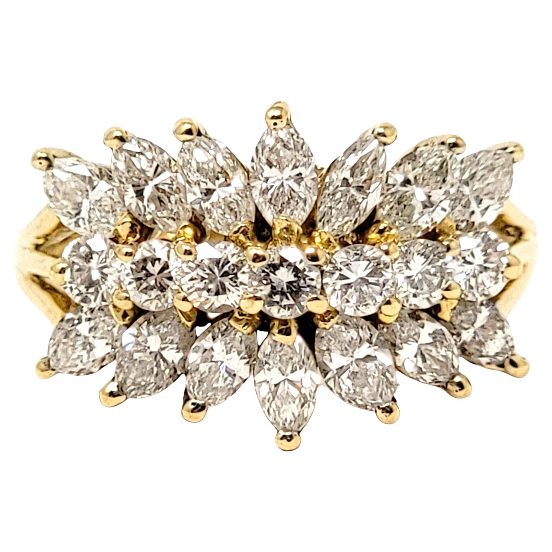 Marquis and Round Brilliant Three Row Diamond Ring in 18 Karat Yellow Gold For Sale