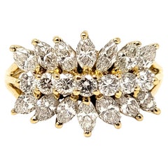 Marquis and Round Brilliant Three Row Diamond Ring in 18 Karat Yellow Gold