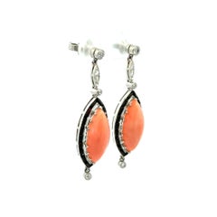 Marquis Angelskin Coral, Onyx and Diamond Platinum Vintage Drop Earrings