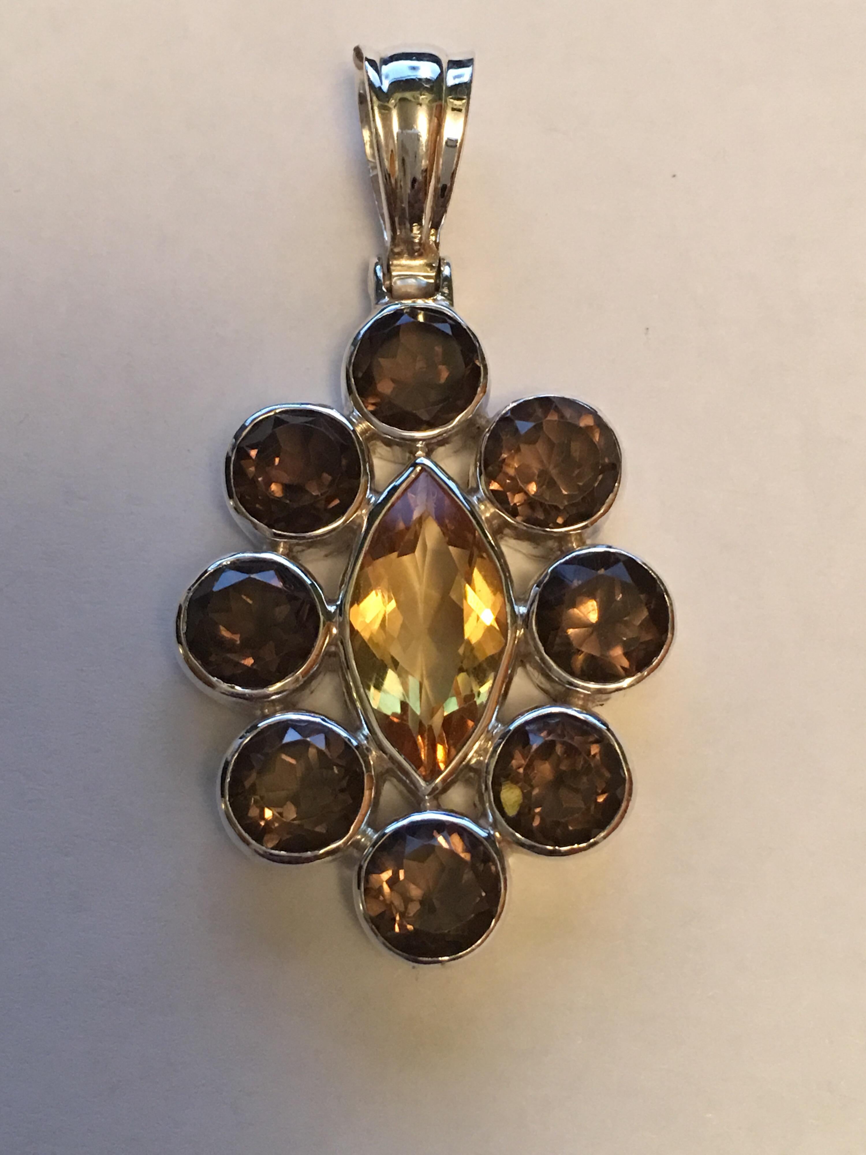 Natural 8 MM X 16 MM Citrine and 7 MM Smokey quartz set in sterling silver.
All stones are hand cut and polished stones. 
No heat or any kind of treatment is used to enhance the beauty of stone.
Pendant is one of a kind and hand crafted by skilled