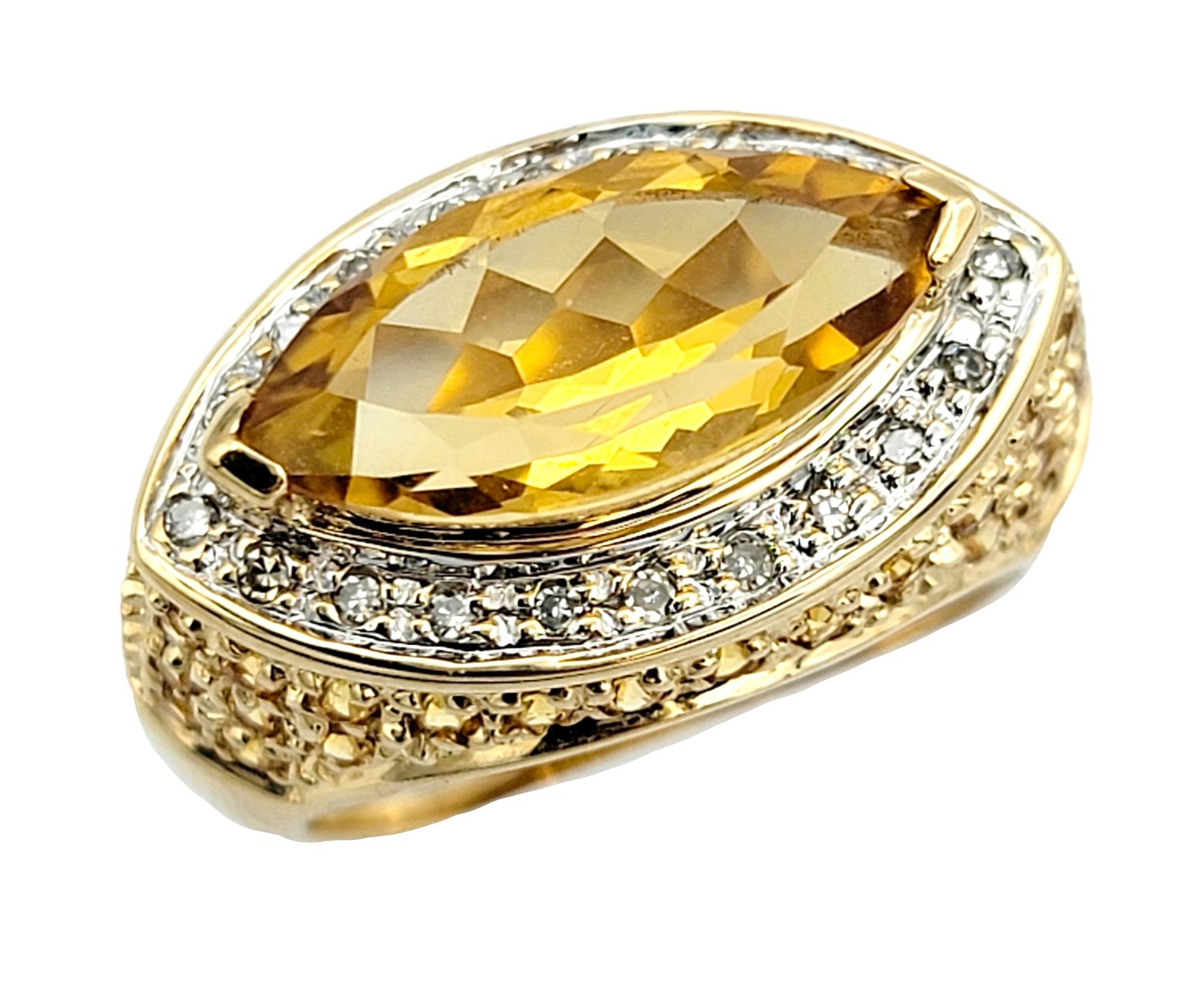 Contemporary Marquis Cut Citrine Ring with Diamond and Yellow Sapphire Accents 14 Karat Gold  For Sale