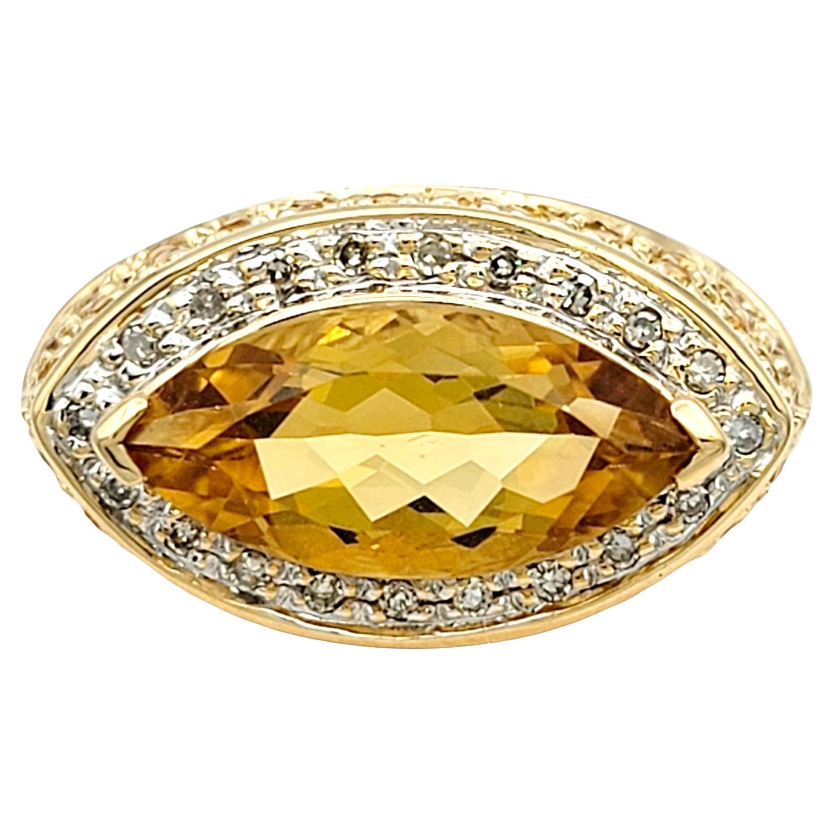Marquis Cut Citrine Ring with Diamond and Yellow Sapphire Accents 14 Karat Gold  For Sale