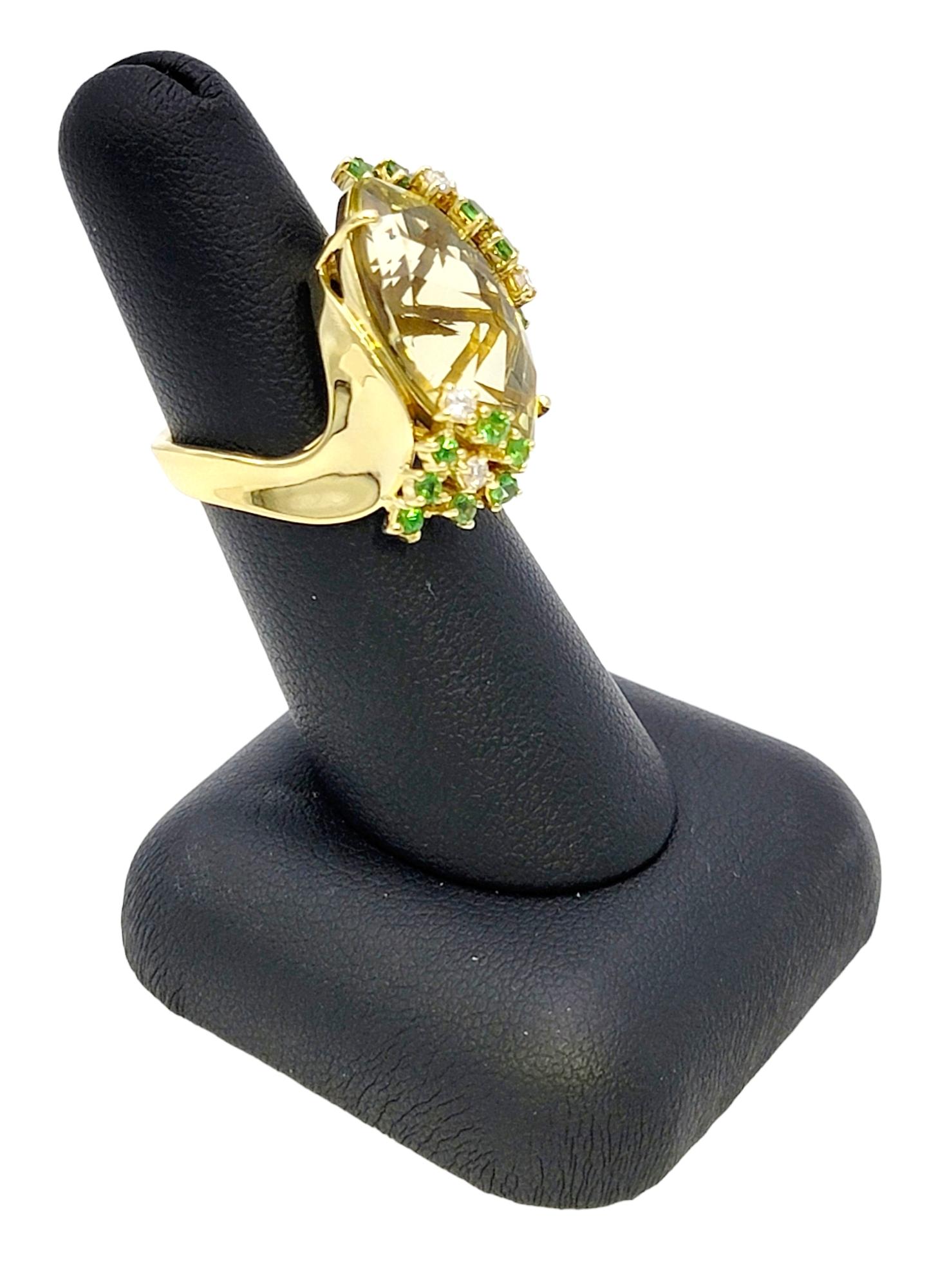 Marquis Cut Lemon Quartz, Green Tsavorite and Diamond Yellow Gold Cocktail Ring For Sale 12