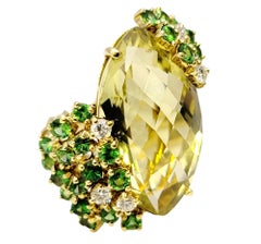 Marquis Cut Lemon Quartz, Green Tsavorite and Diamond Yellow Gold Cocktail Ring
