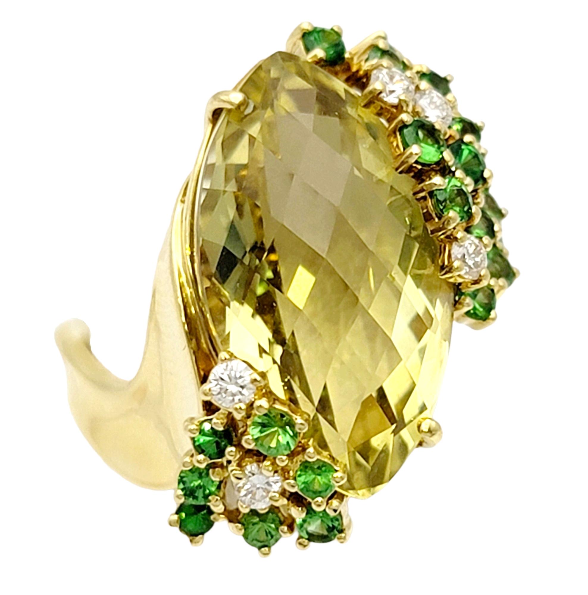 Marquis Cut Lemon Quartz, Green Tsavorite and Diamond Yellow Gold Cocktail Ring In Good Condition For Sale In Scottsdale, AZ