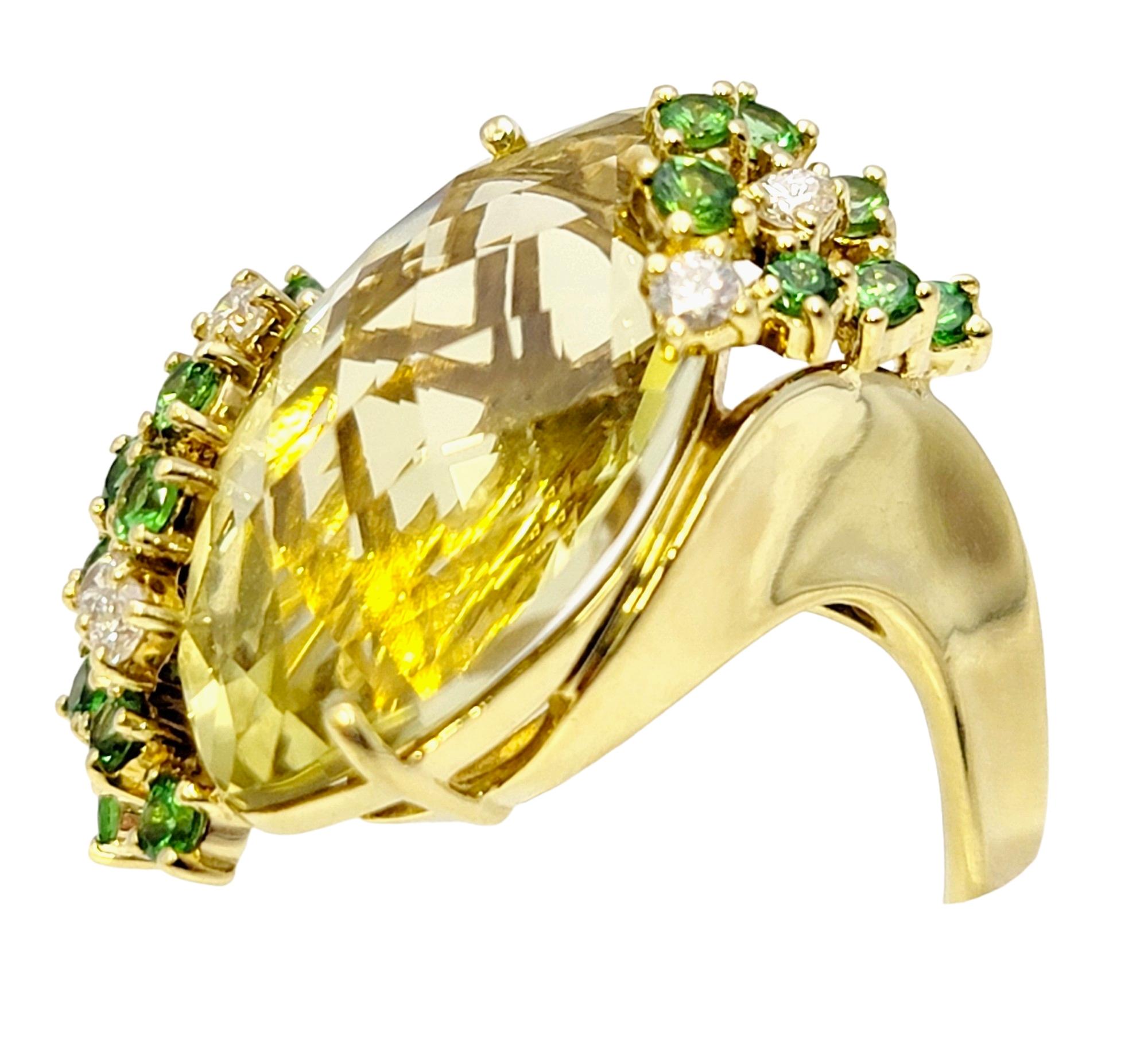 Women's Marquis Cut Lemon Quartz, Green Tsavorite and Diamond Yellow Gold Cocktail Ring For Sale