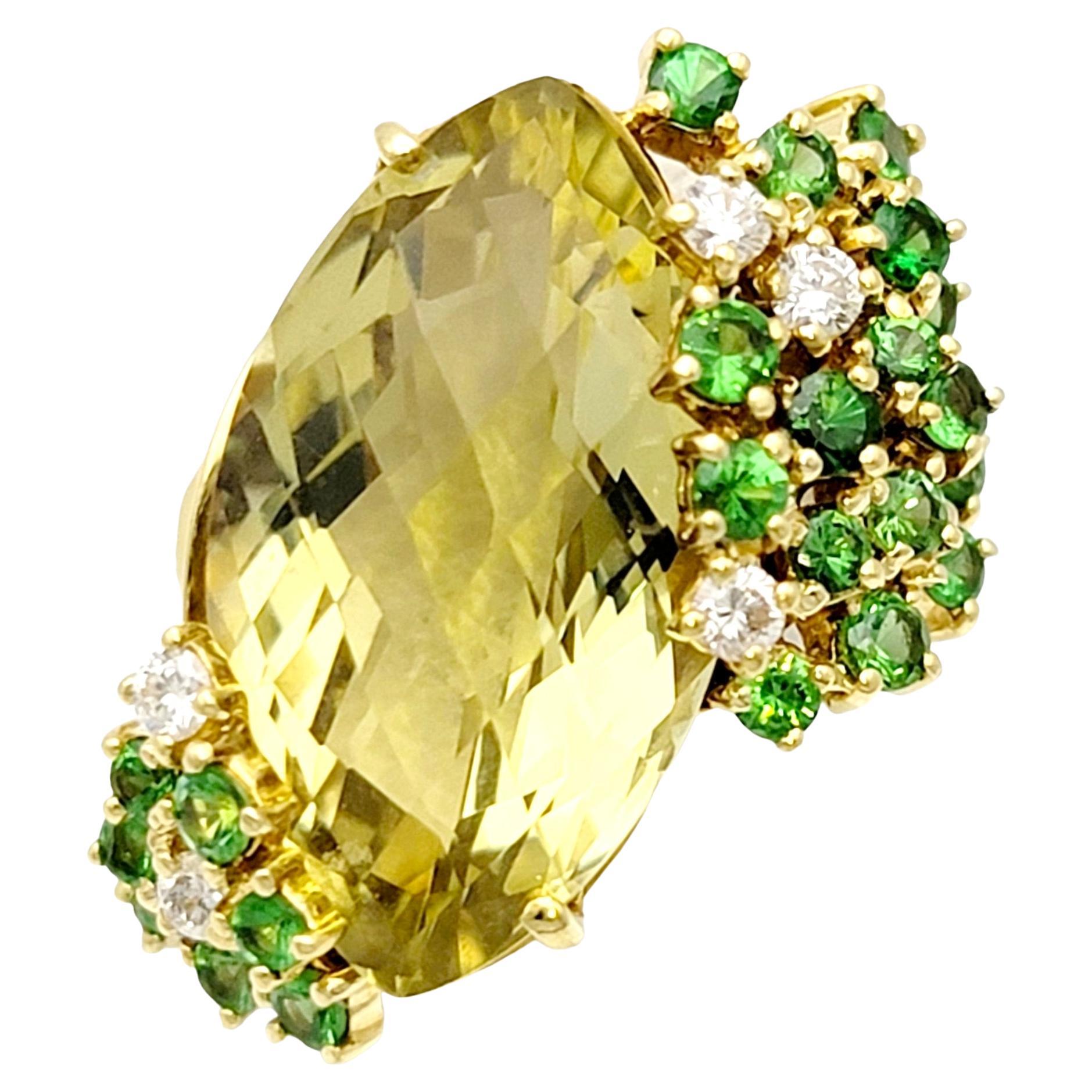 Marquis Cut Lemon Quartz, Green Tsavorite and Diamond Yellow Gold Cocktail Ring For Sale