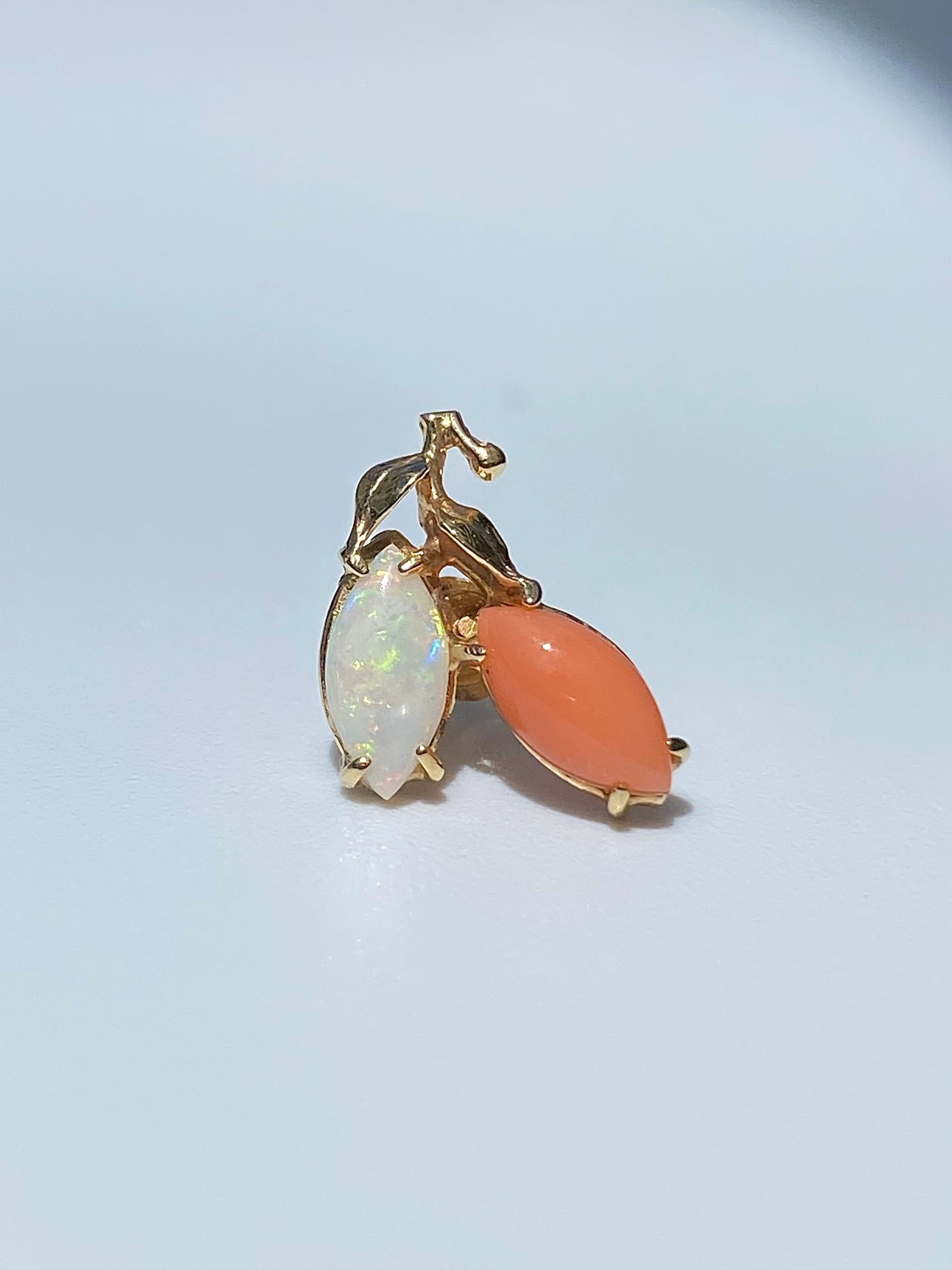 Marquise Cut Marquis-Cut Opal and Coral Grapevine Stud 14K Yellow Gold Earrings For Sale