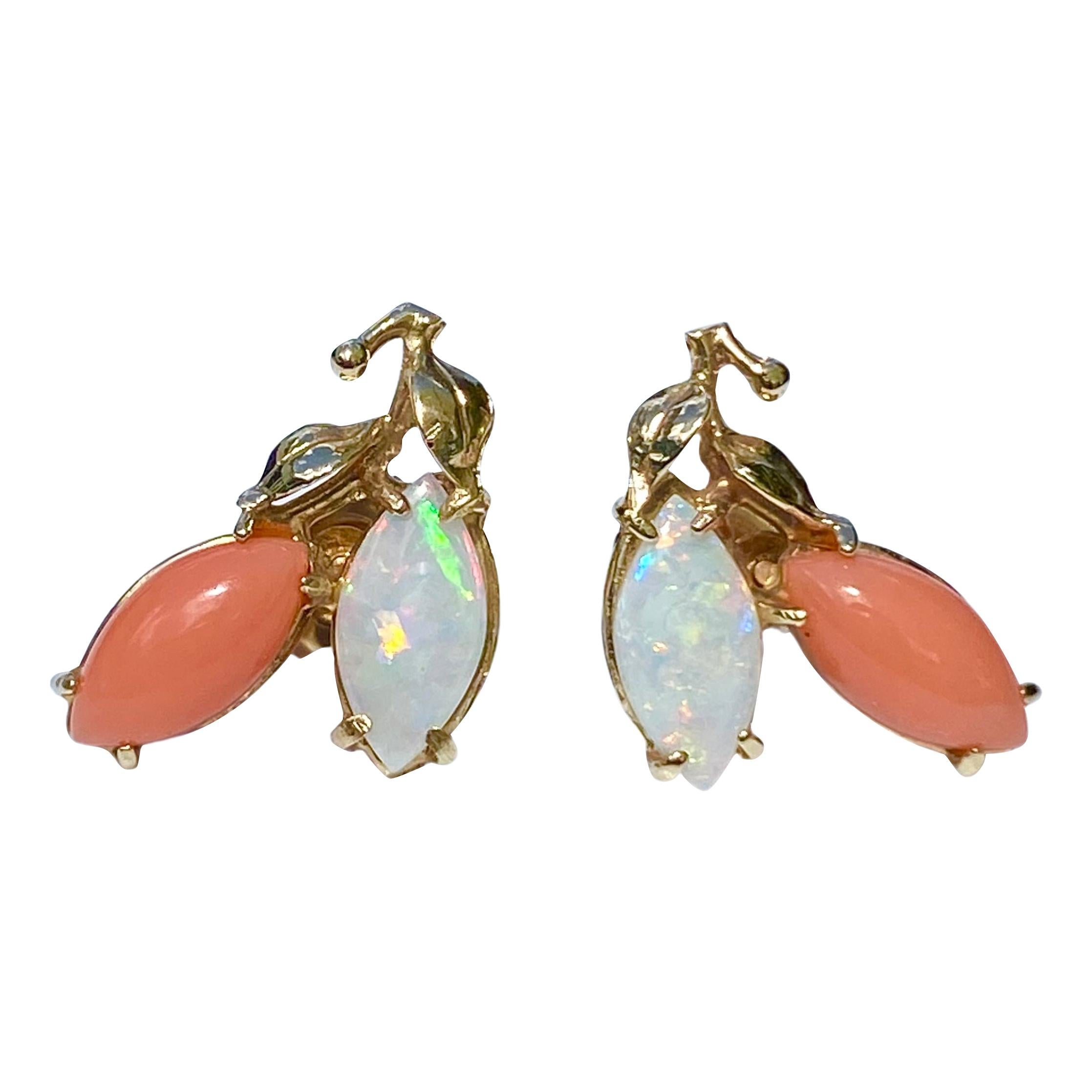 Marquis-Cut Opal and Coral Grapevine Stud 14K Yellow Gold Earrings For Sale