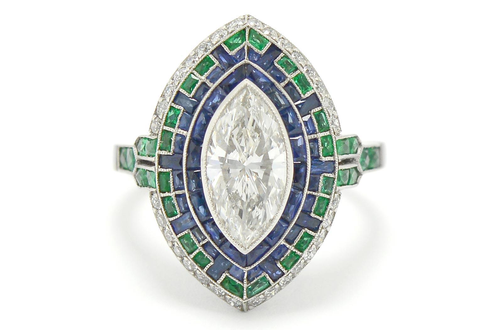 Marquis Diamond Art Deco Style Engagement Ring Cocktail Sapphire Emerald Mosaic