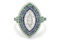 Verlobungsring, Art déco, 4,56 Karat Diamant, Saphir und Smaragd, GIA-zertifiziert