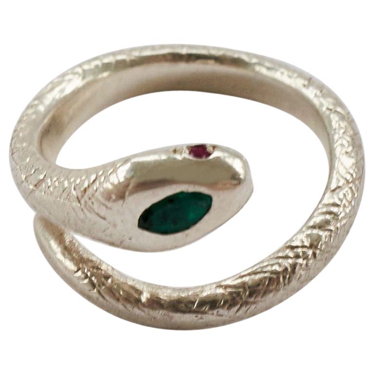 Bague serpent Emeraude Rubis Marquis Argent en vente 1