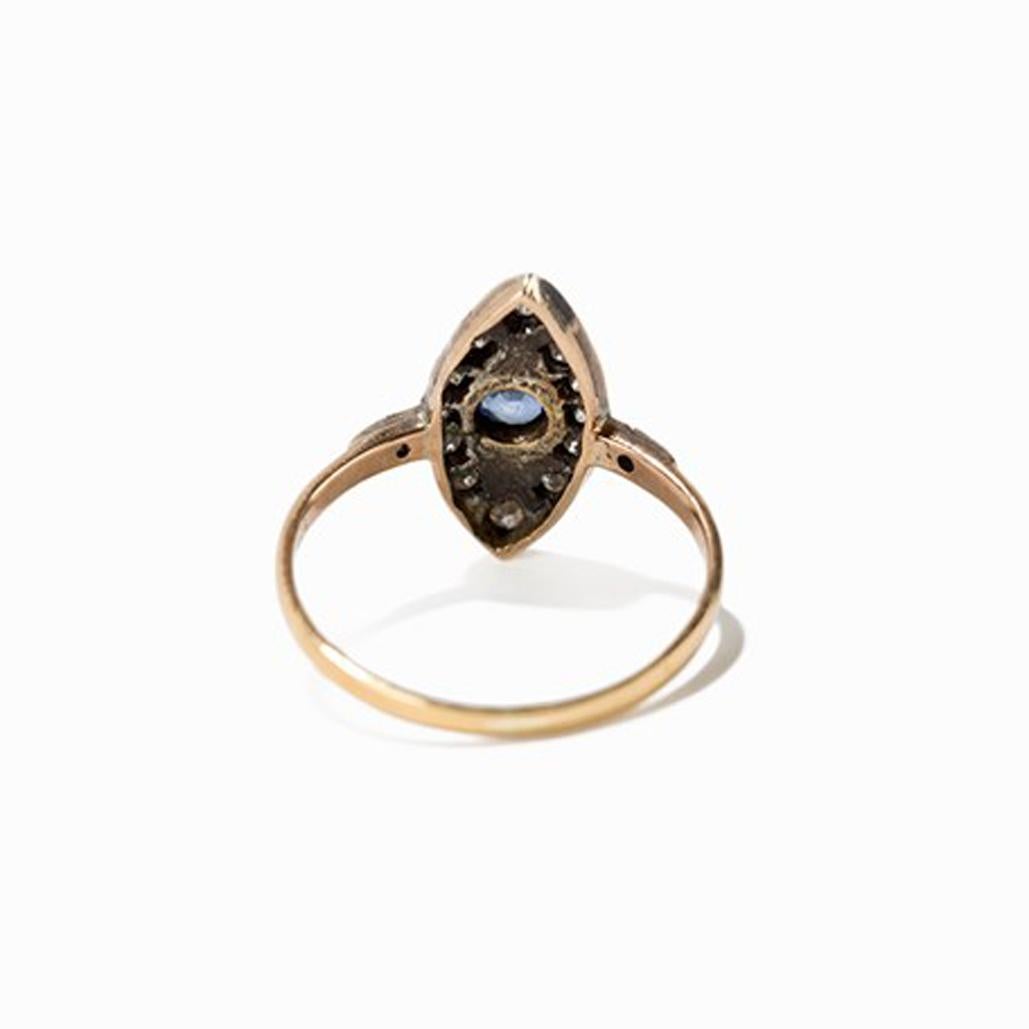 Round Cut Marquis Ring with Sapphire and 12 Diamonds, circa 1920 For Sale
