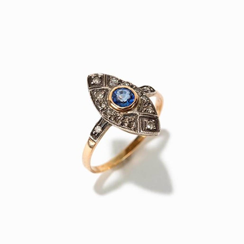 Marquis-Ring mit Saphir und 12 Diamanten, um 1920 im Angebot 1