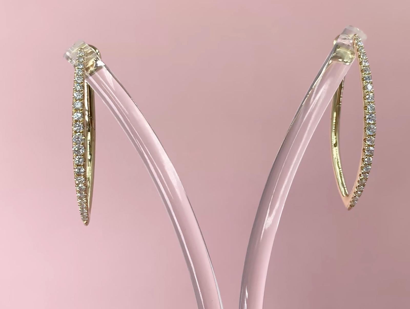 Contemporary Marquise 0.75 Total Carat Diamond Yellow Gold Drop Hoop Earrings For Sale