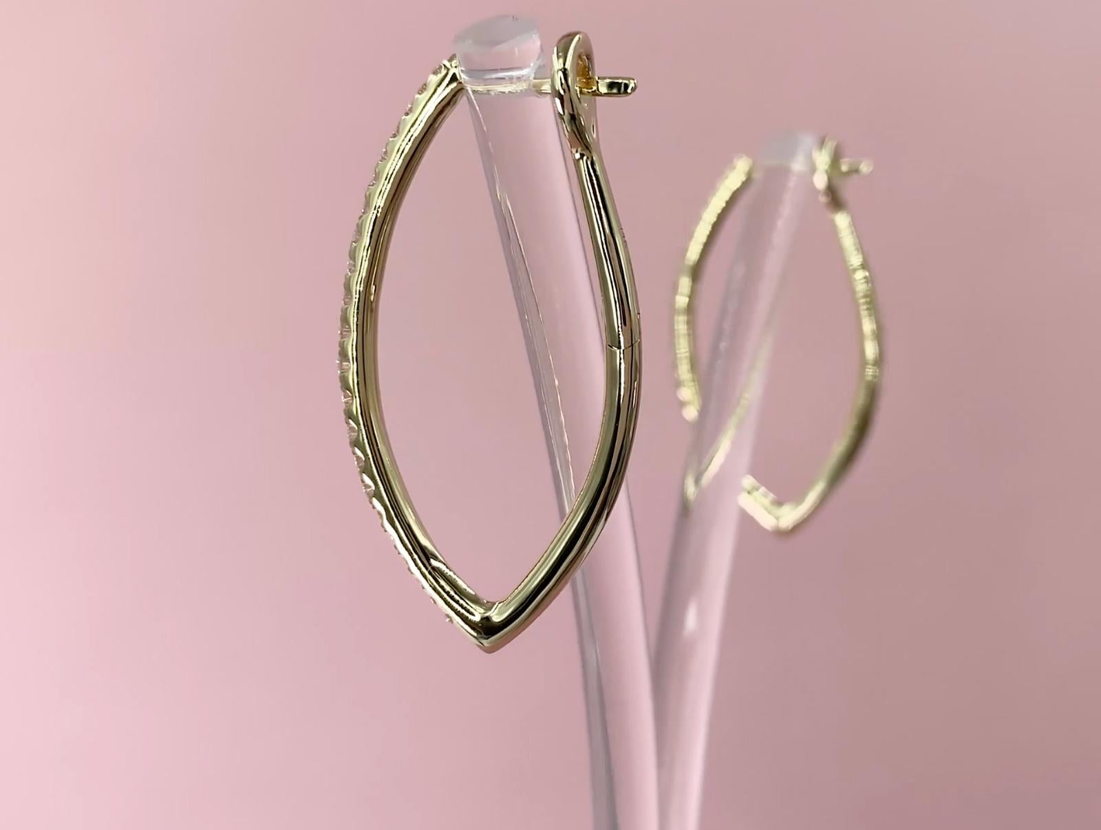 Round Cut Marquise 0.75 Total Carat Diamond Yellow Gold Drop Hoop Earrings For Sale