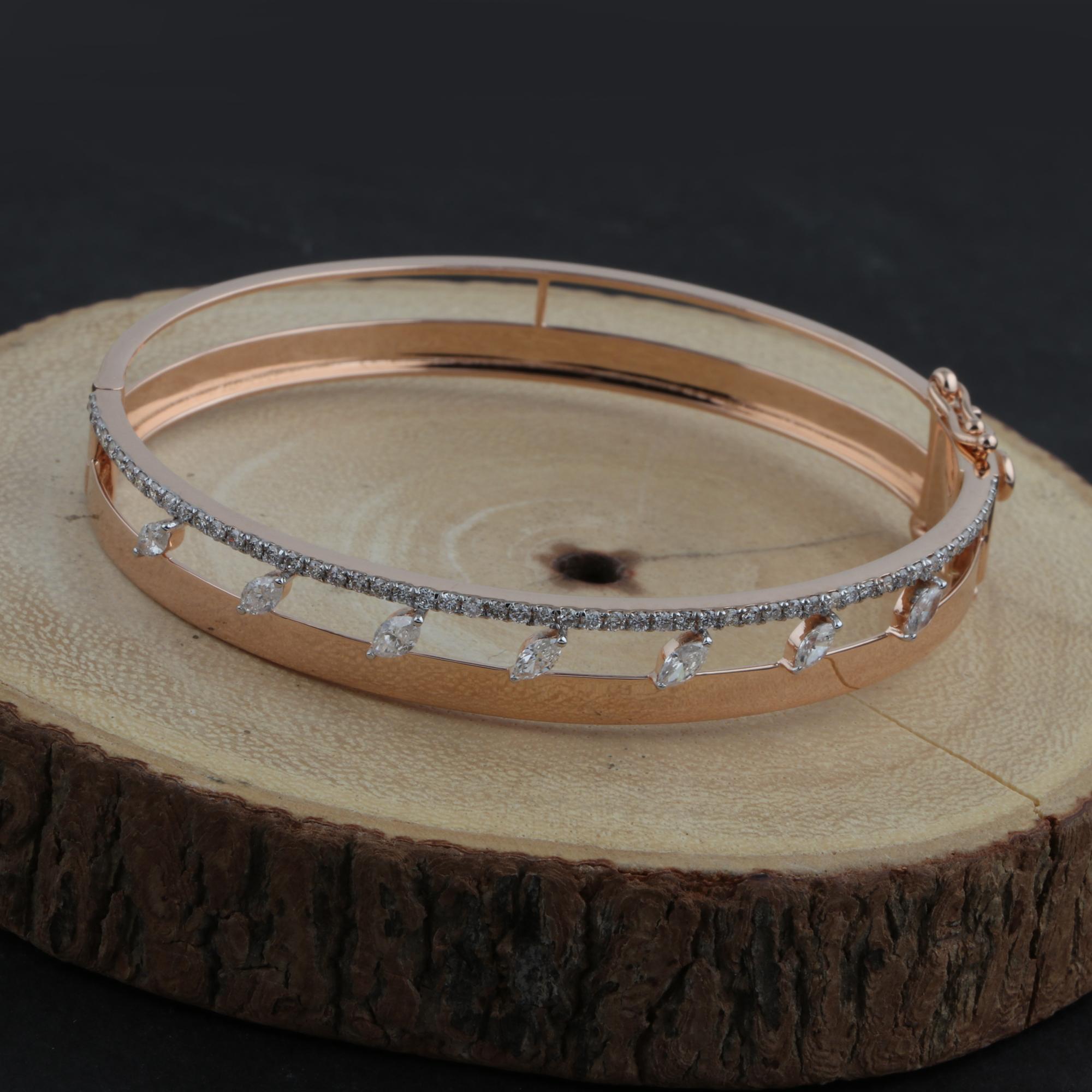 Modern Marquise 1.30 Carat SI Clarity HI Color Diamond 18k Rose Gold Bangle Bracelet For Sale