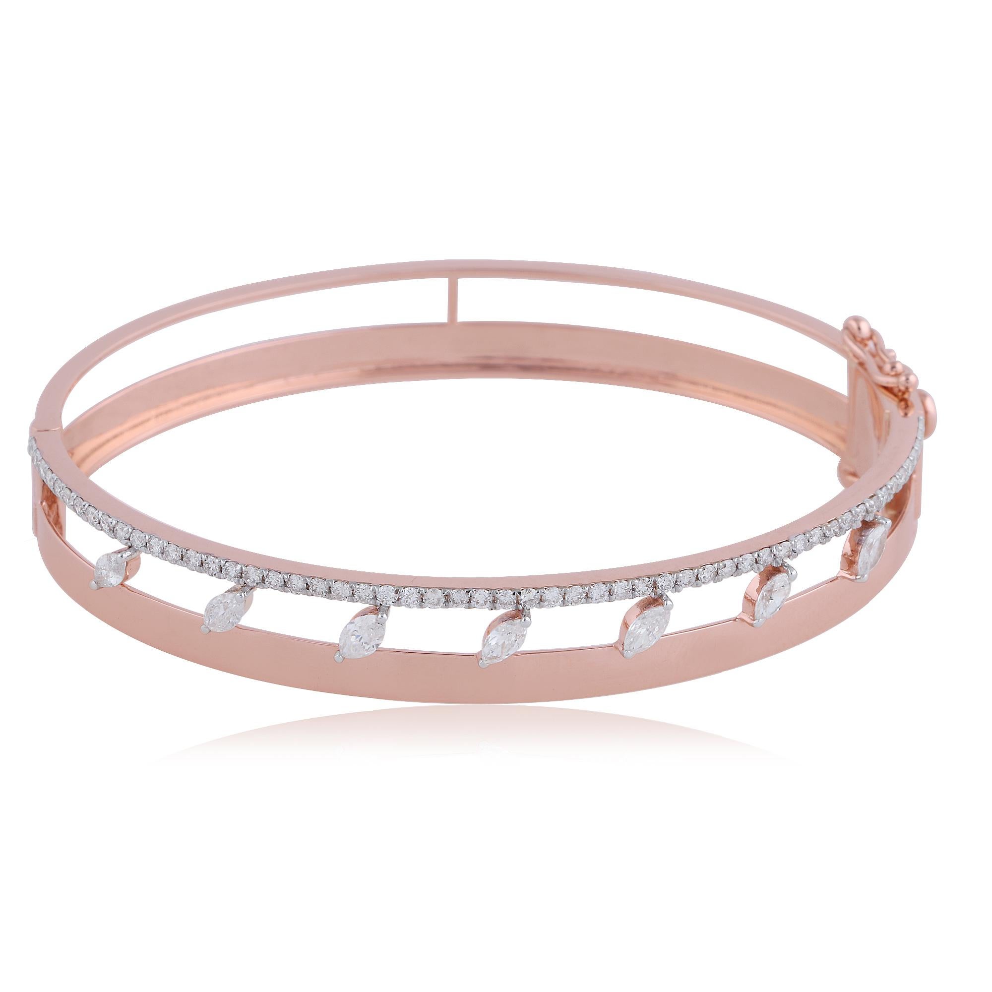 Women's Marquise 1.30 Carat SI Clarity HI Color Diamond 18k Rose Gold Bangle Bracelet For Sale