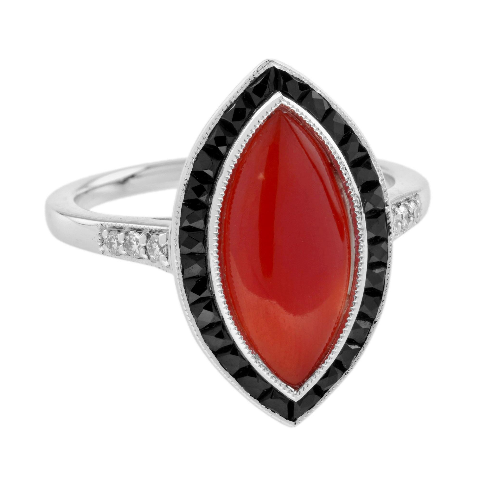 Marquise AKA Coral Onyx and Diamond Art Deco Style Ring in 14K White Gold In New Condition For Sale In Bangkok, TH