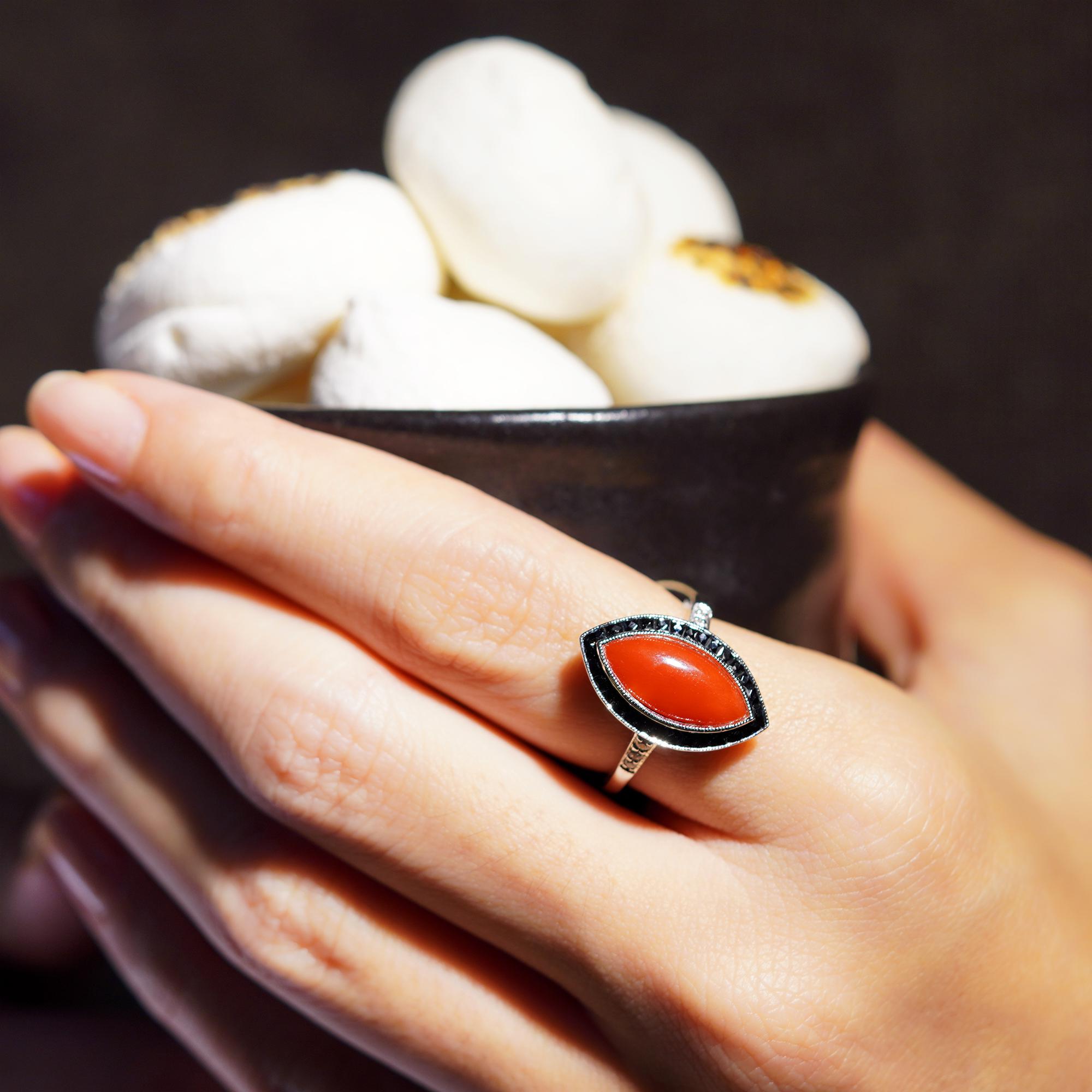 Marquise AKA Coral Onyx and Diamond Art Deco Style Ring in 14K White Gold In New Condition In Bangkok, TH