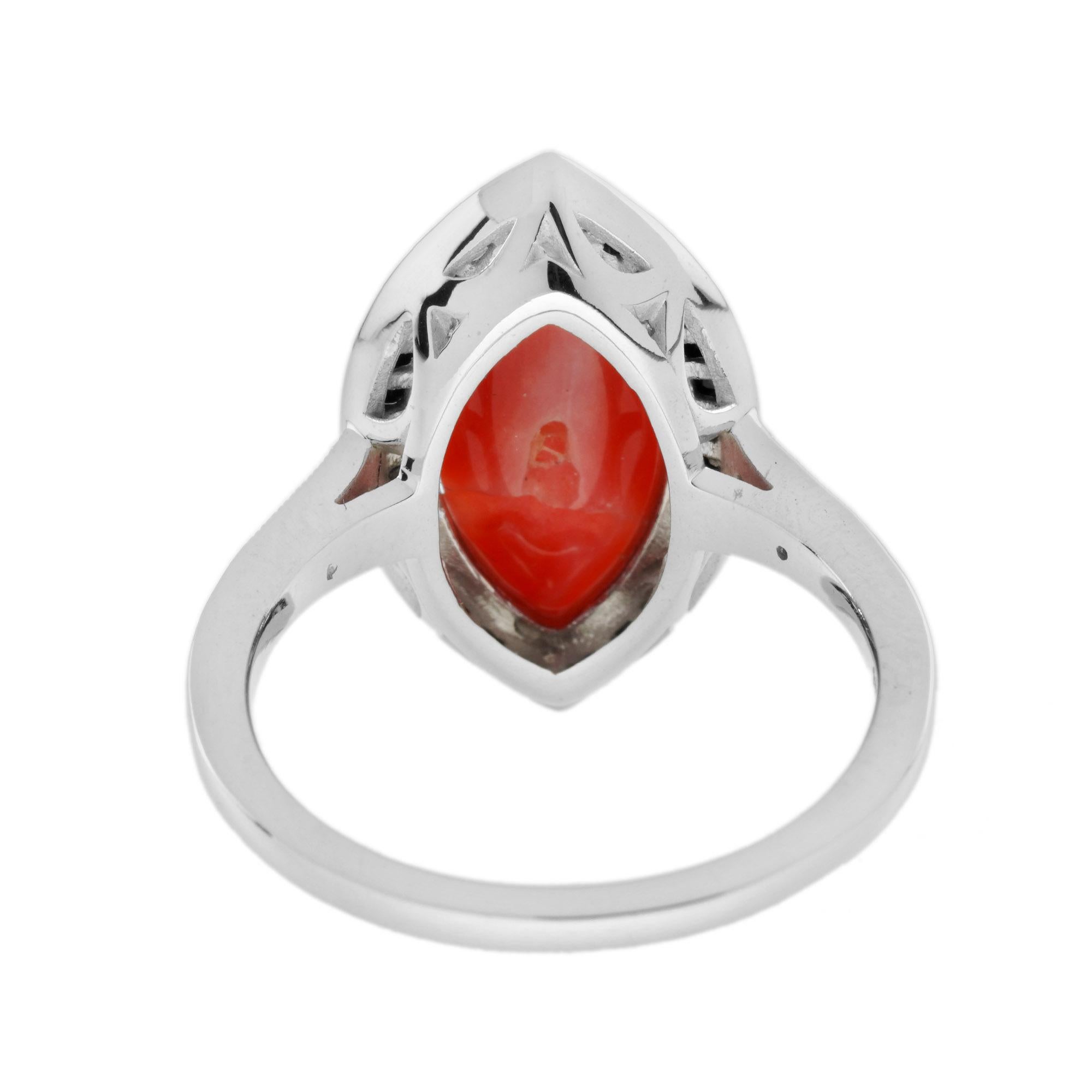 Marquise AKA Coral Onyx and Diamond Art Deco Style Ring in 14K White Gold For Sale 1