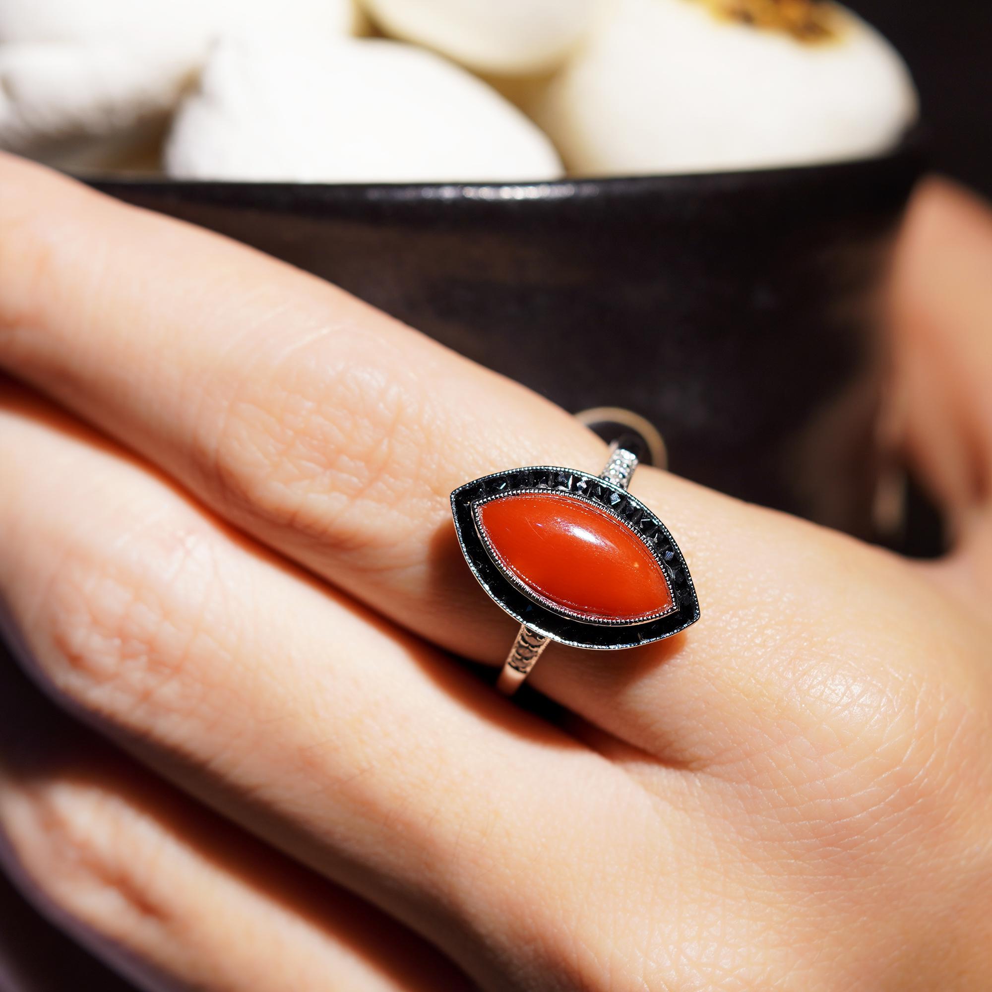 Marquise Cut Marquise AKA Coral Onyx and Diamond Art Deco Style Ring in 14K White Gold For Sale