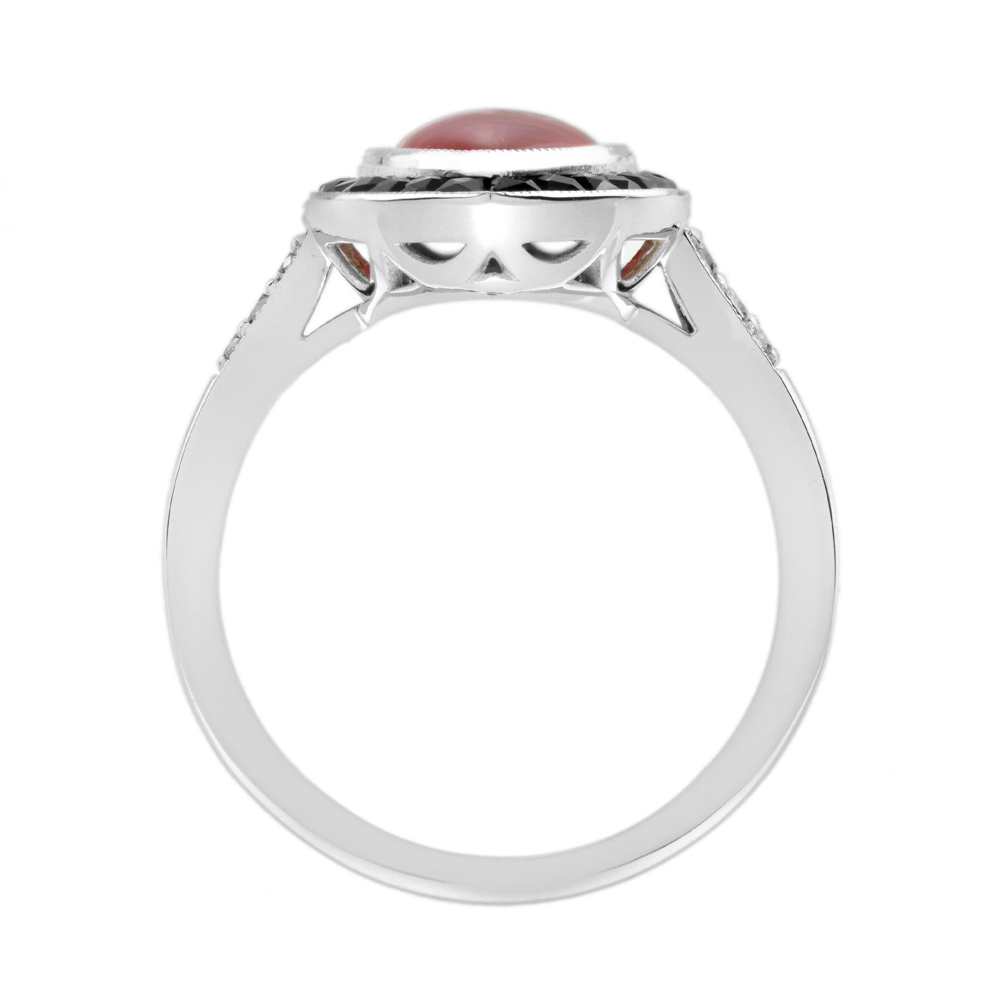 Marquise AKA Coral Onyx and Diamond Art Deco Style Ring in 14K White Gold For Sale 2