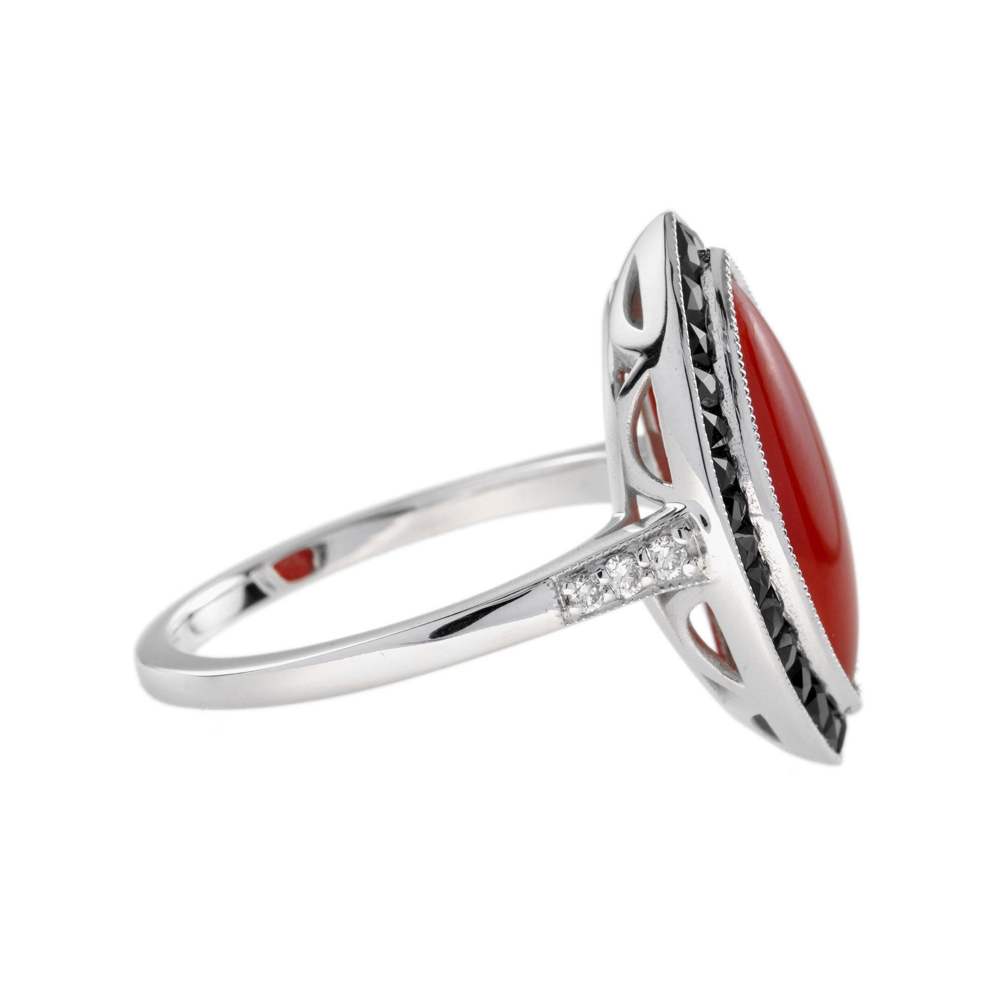 Marquise AKA Coral Onyx and Diamond Art Deco Style Ring in 14K White Gold 2