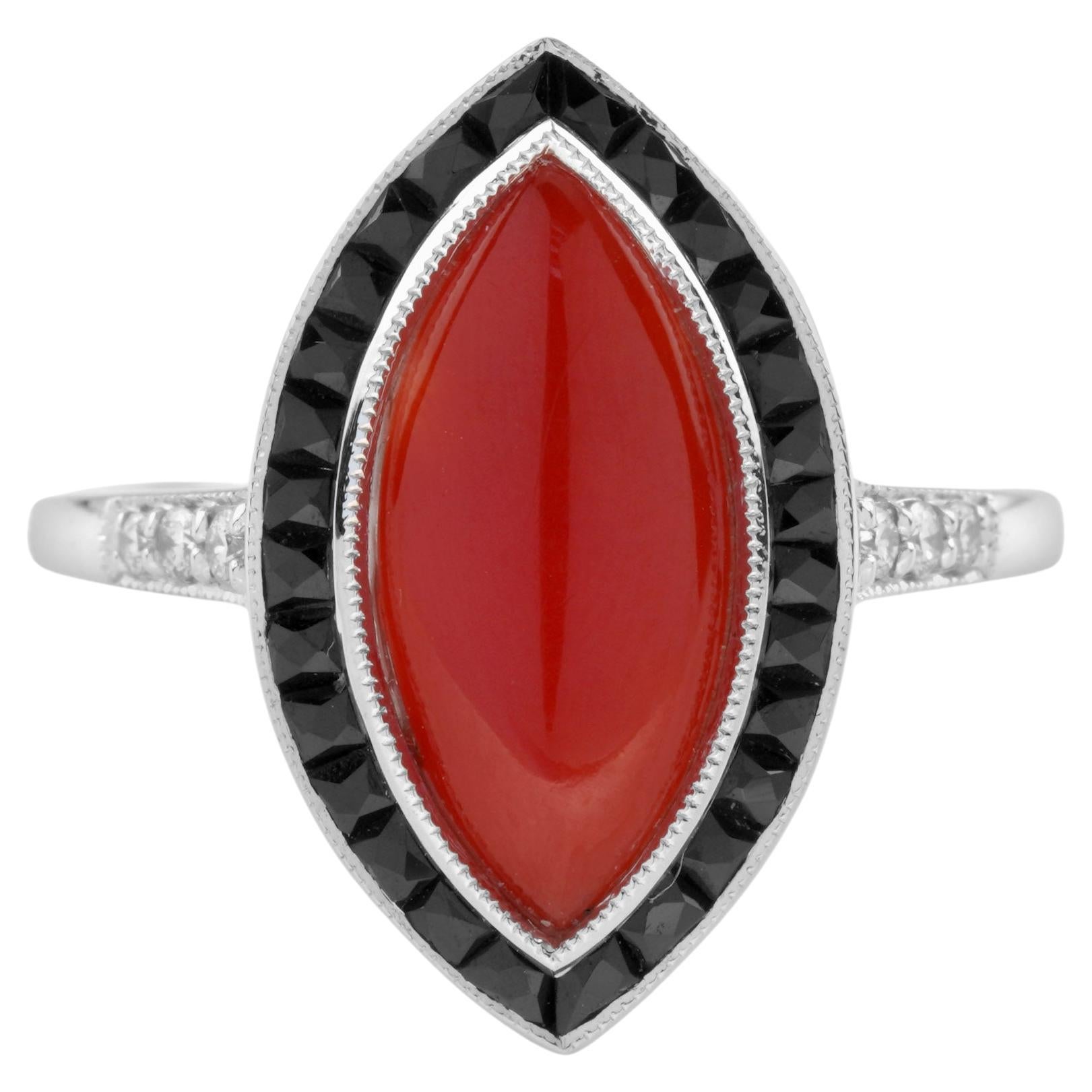 Marquise AKA Coral Onyx and Diamond Art Deco Style Ring in 14K White Gold