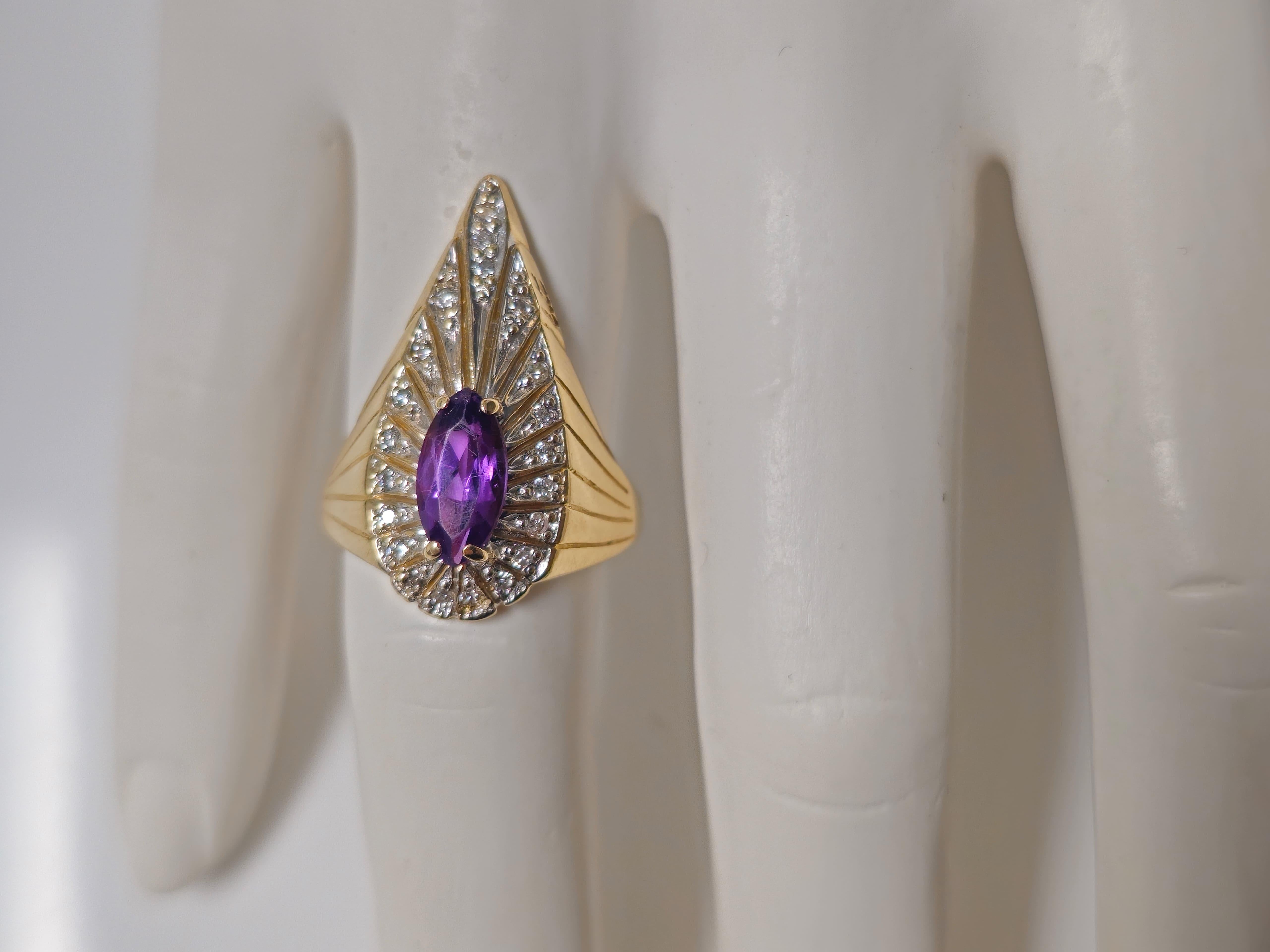 Marquise Amethyst and Diamond Ring in 14k Gold For Sale 1